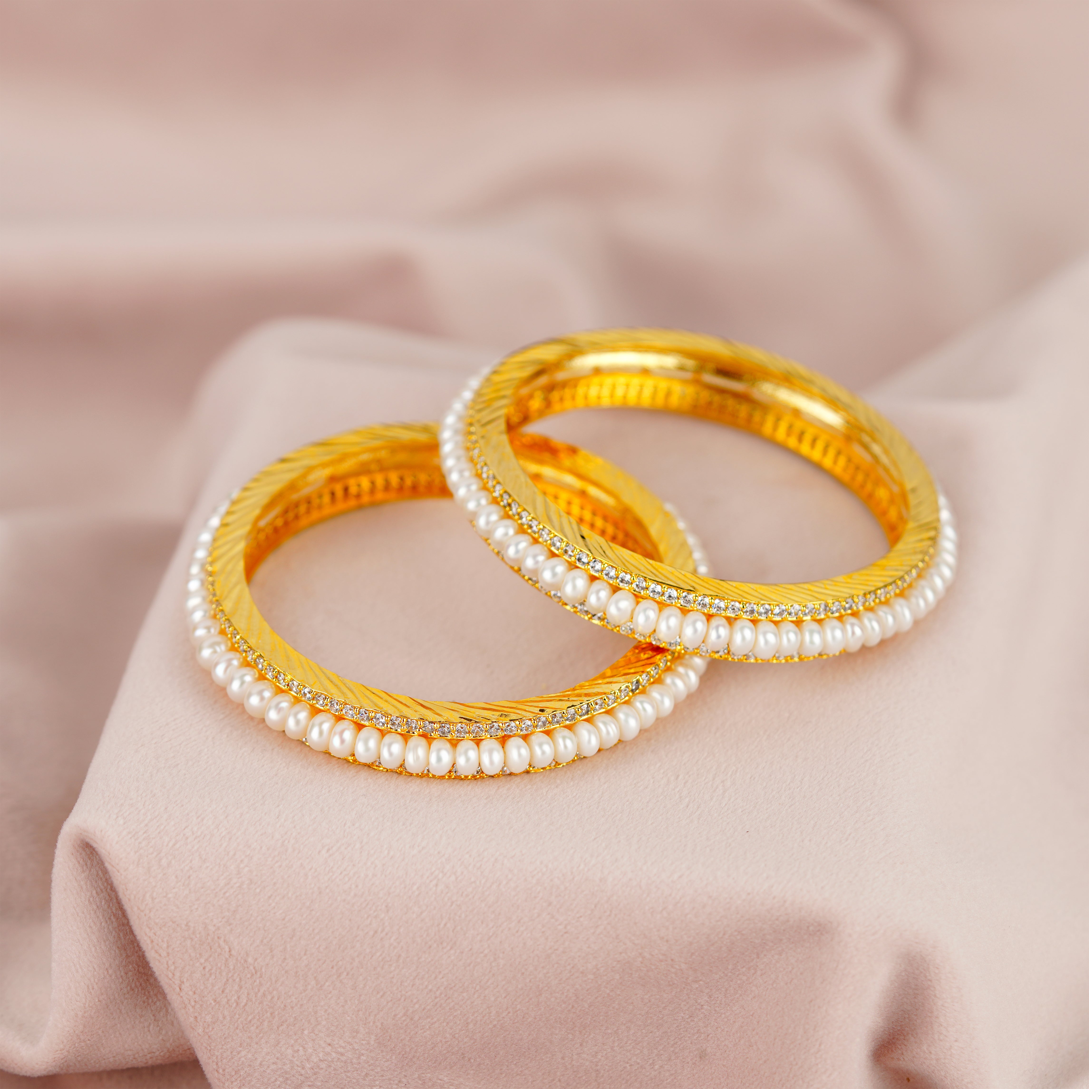 Fresh Water White Button Pearls and CZ Bangles - Krishna Jewellers Pearls and Gems