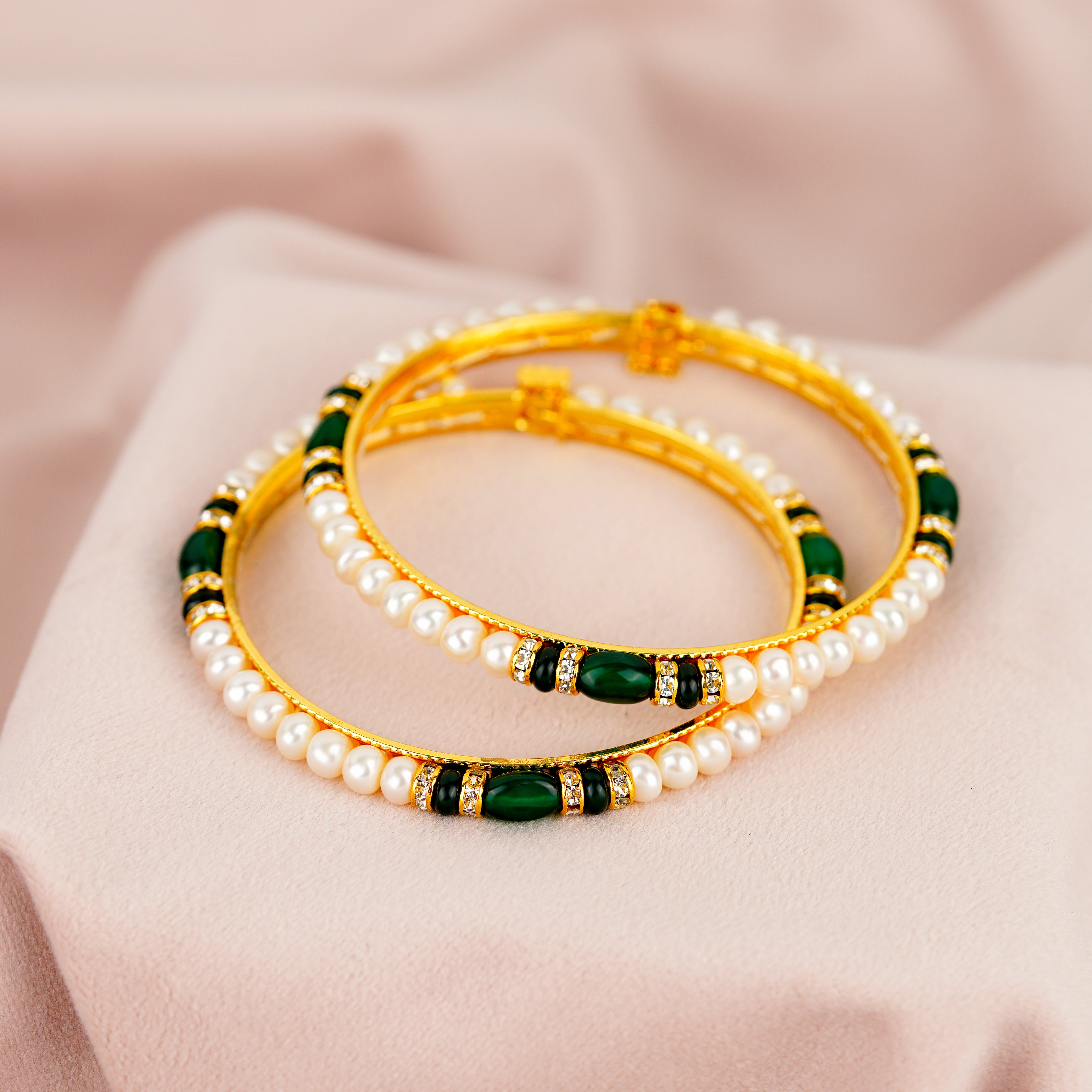 Pearl Bangles set with green and cz stones