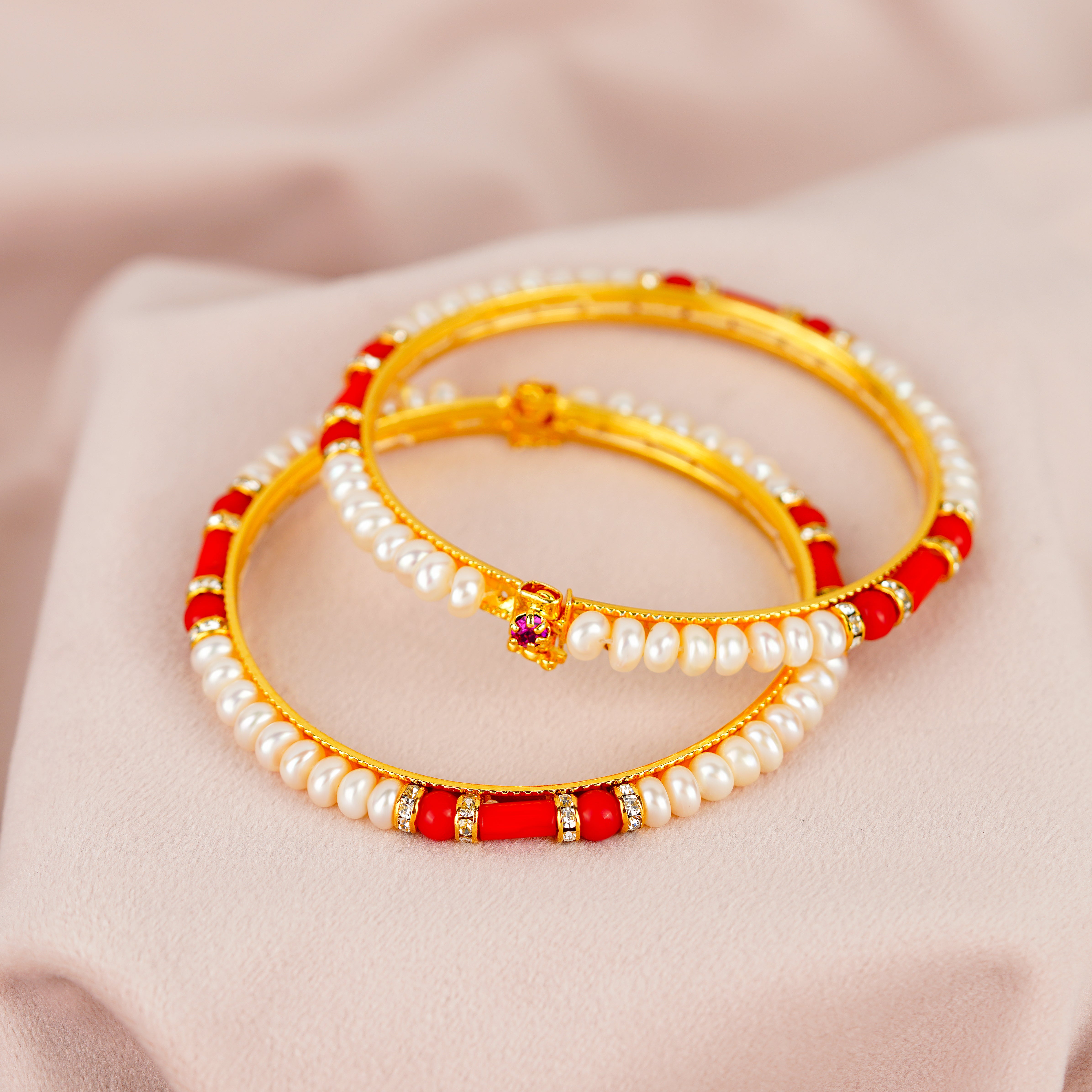 Classic Pearl Bangles in Red stone - Krishna Jewellers Pearls and Gems