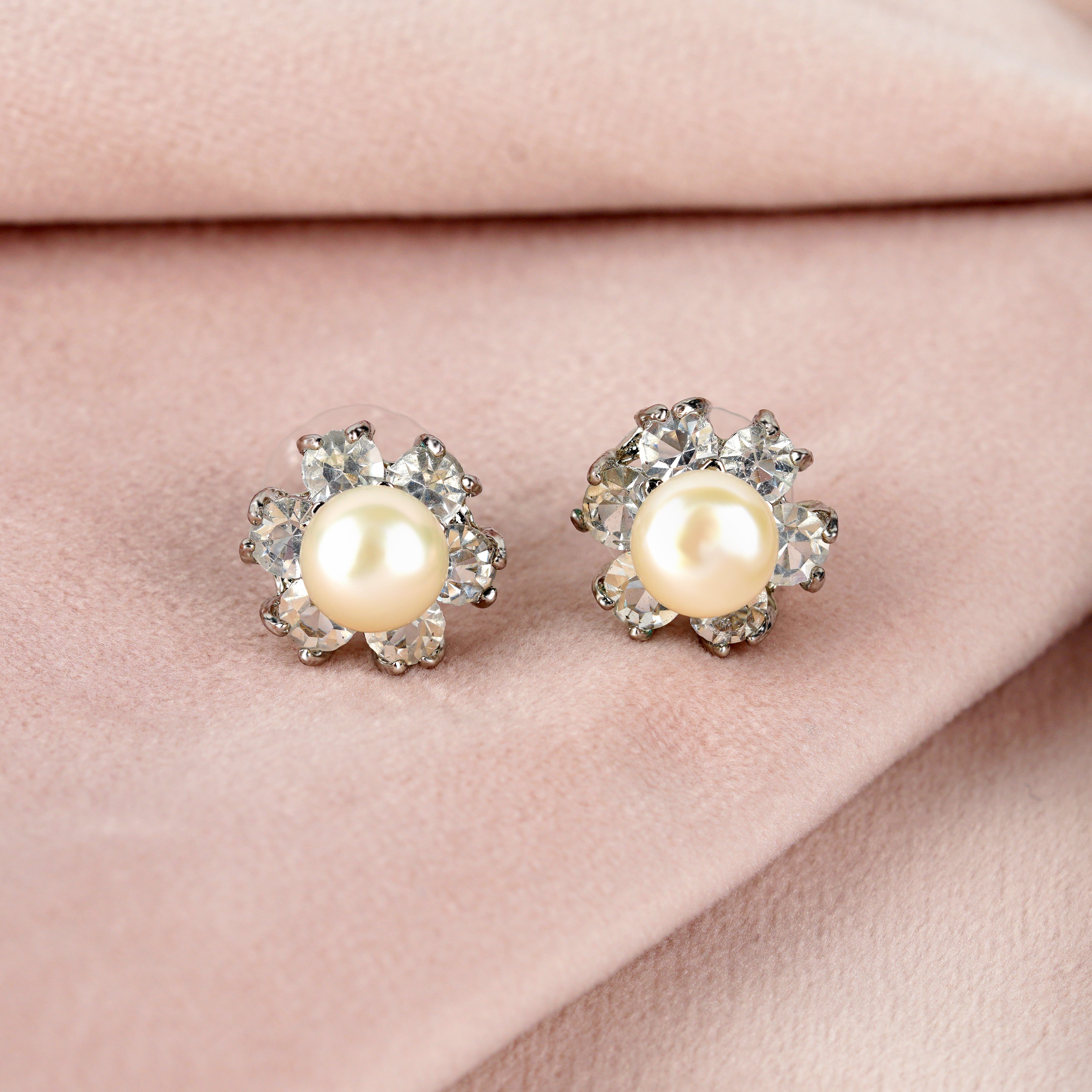 Fresh Water Button Pearl & CZ Stones Earrings