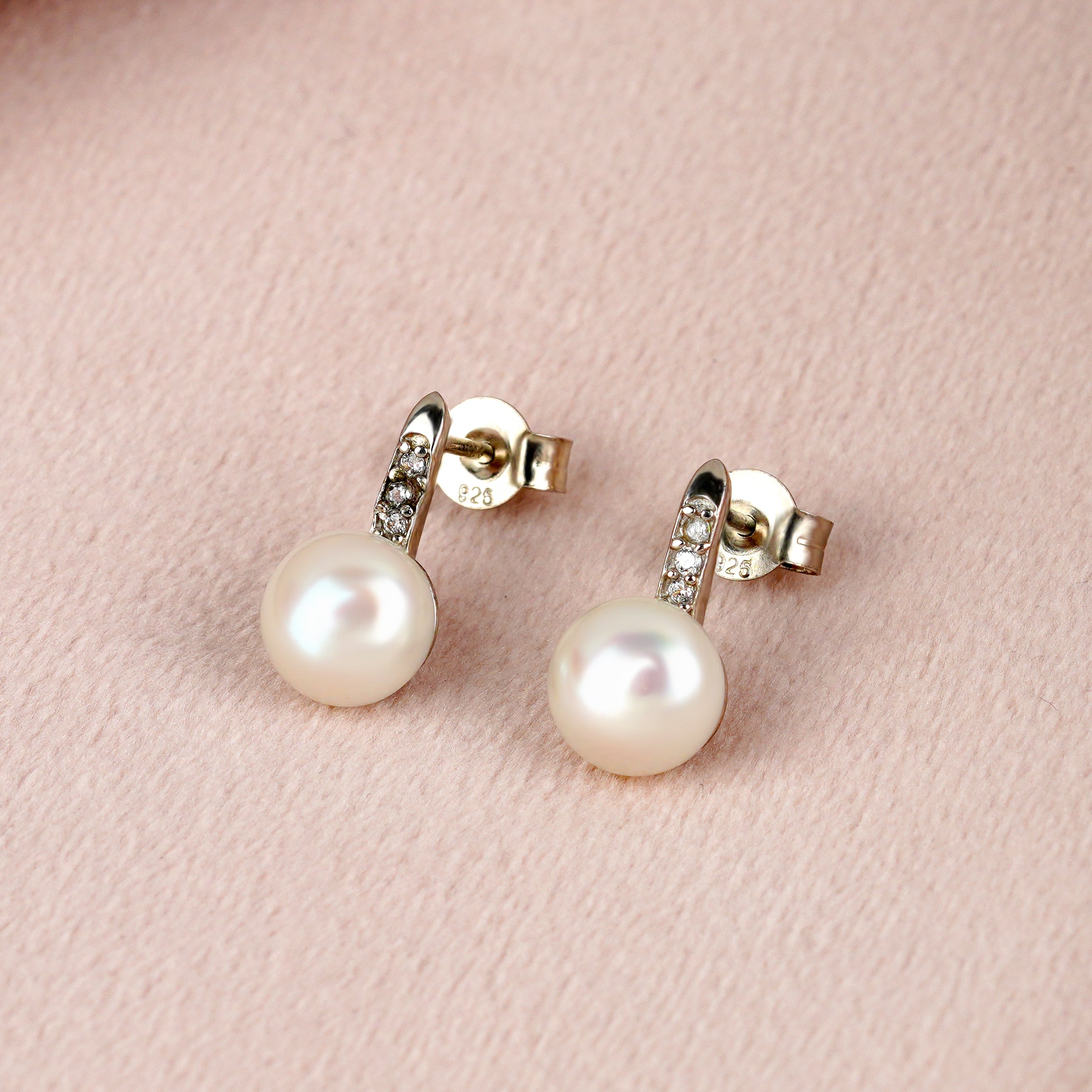 Fresh Water Button Pearl & CZ Stones Silver Earrings