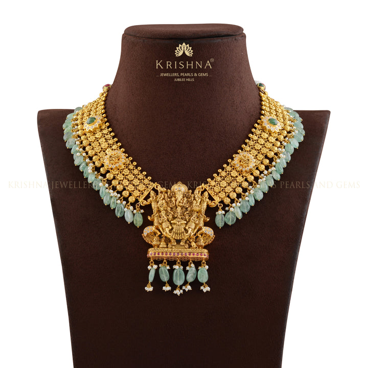 Gold Temple Necklace With Ganesh Pendant - Krishna Jewellers Pearls and Gems