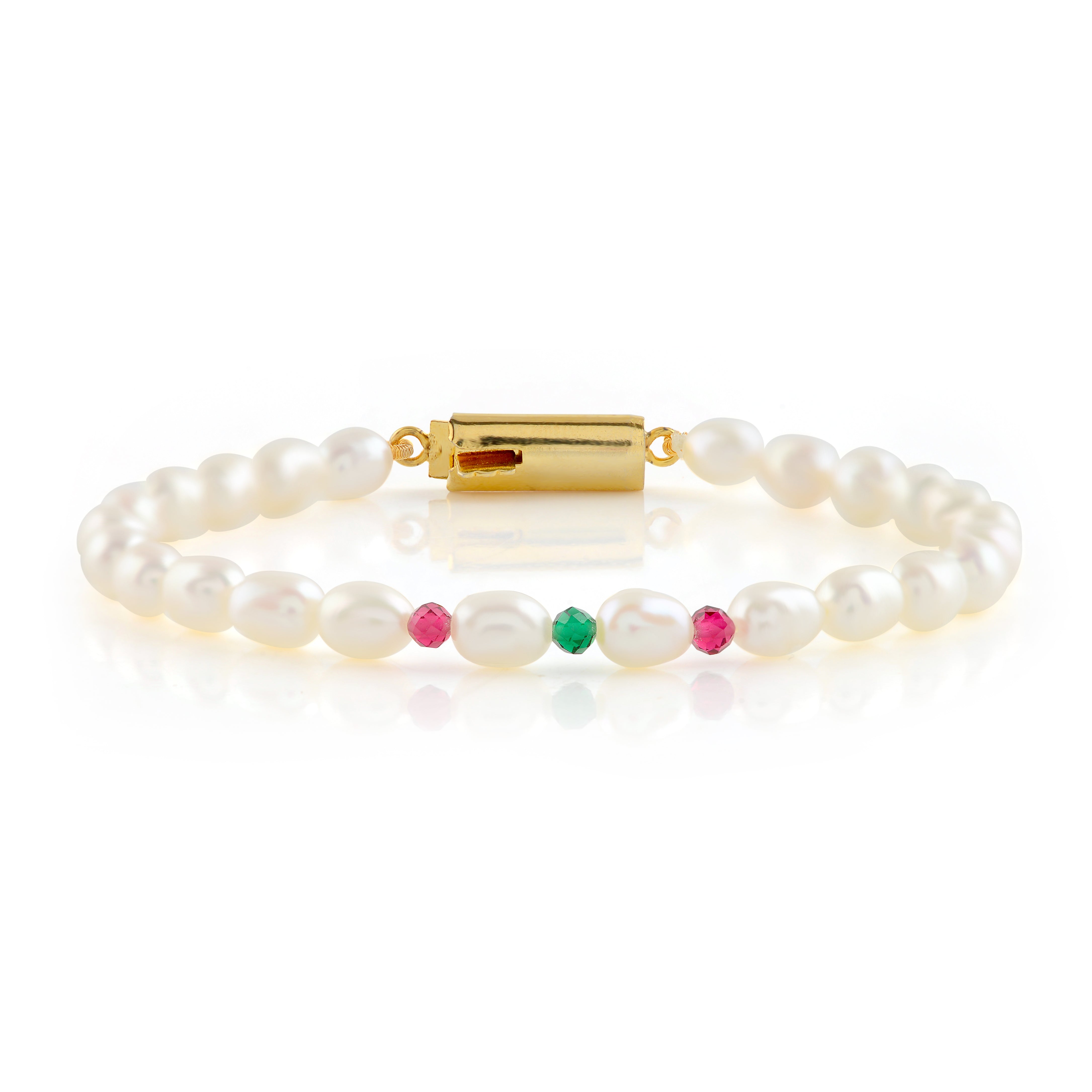 Colorful Gemstone Bracelet with One Strand of Freshwater Rice Pearls