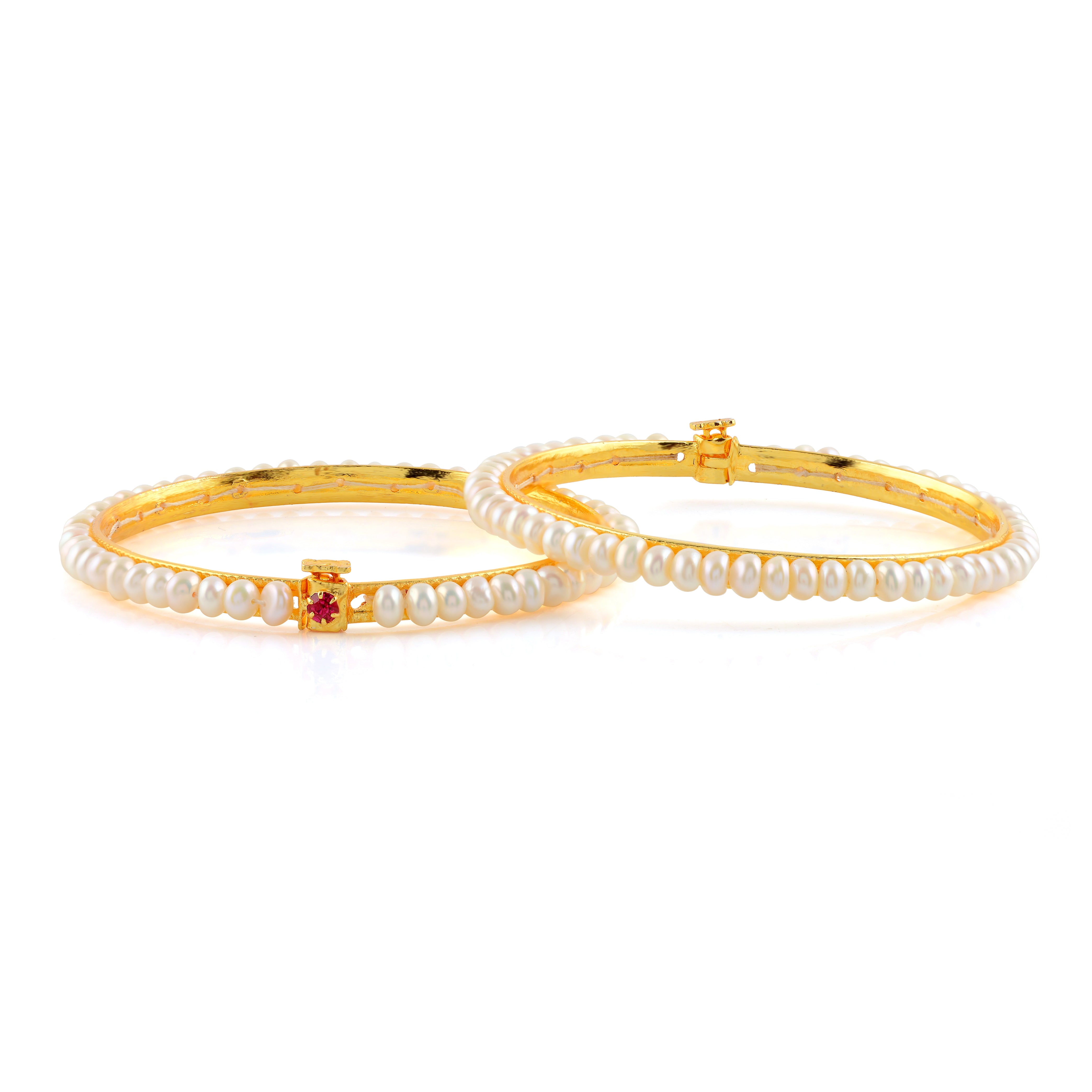 Elegant White Pearl Bangles with Sparkling Red Stones - Krishna Jewellers Pearls and Gems