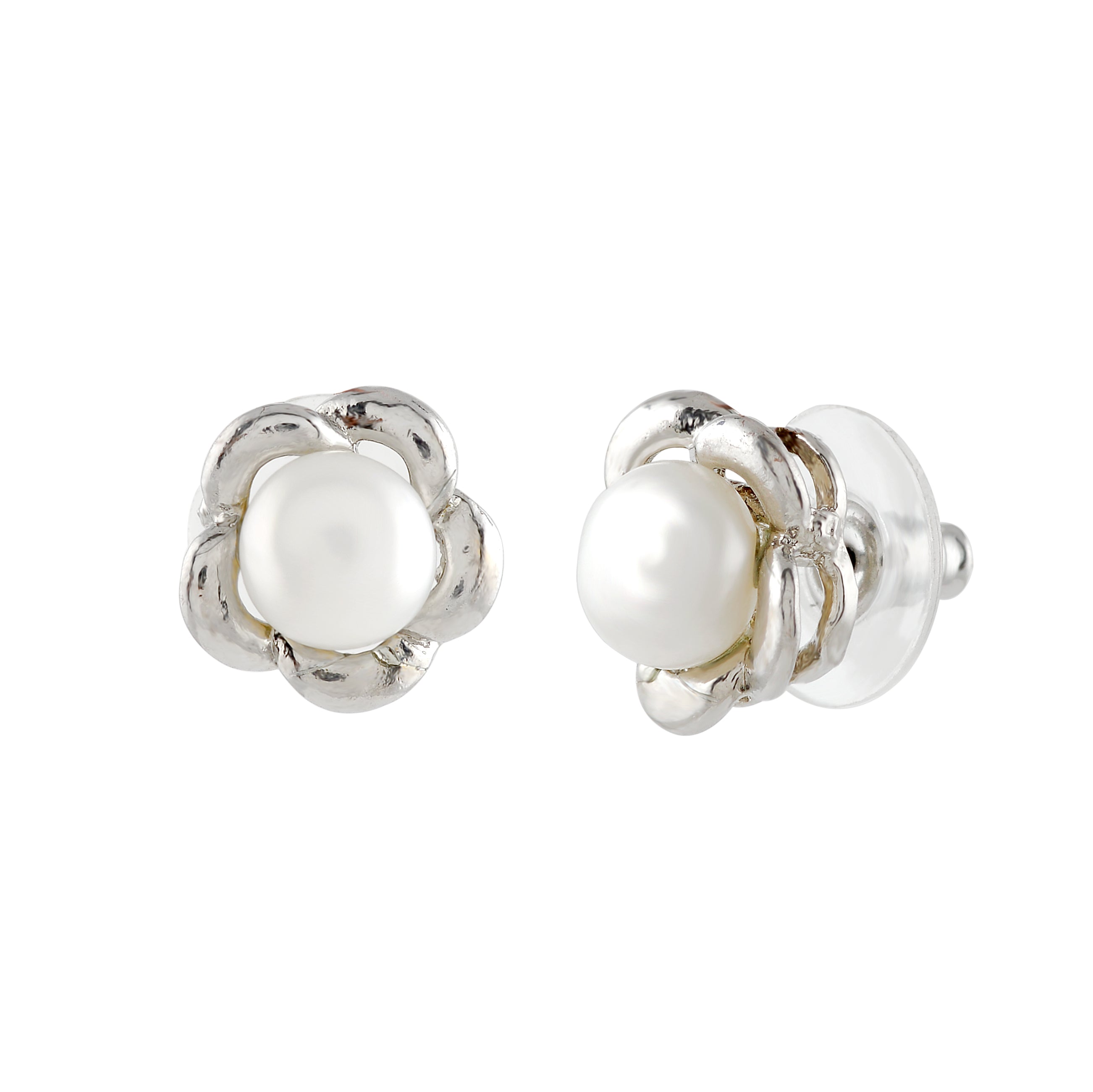 Silver Floral Pearl Stud