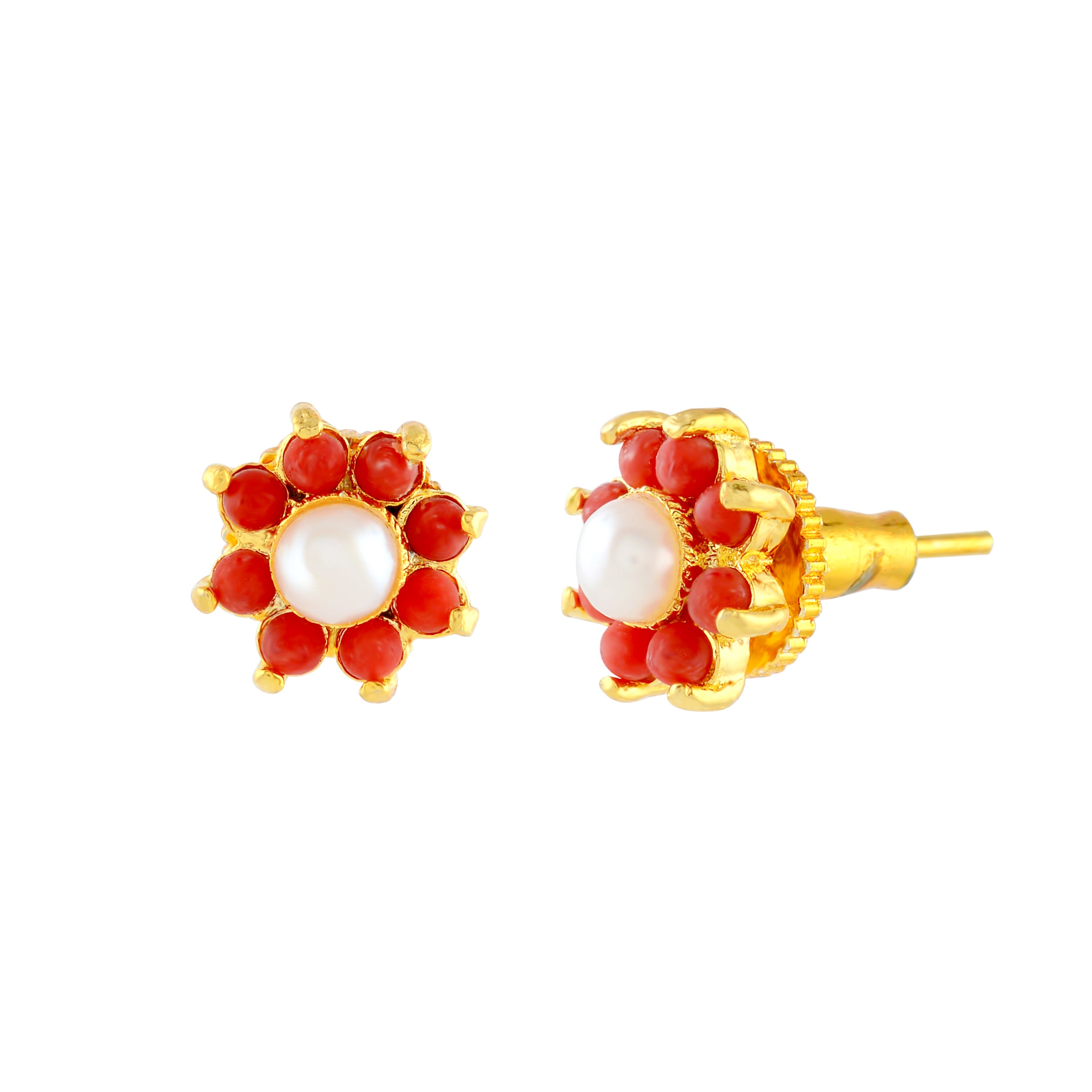 Coral & Pearl Floral Stud