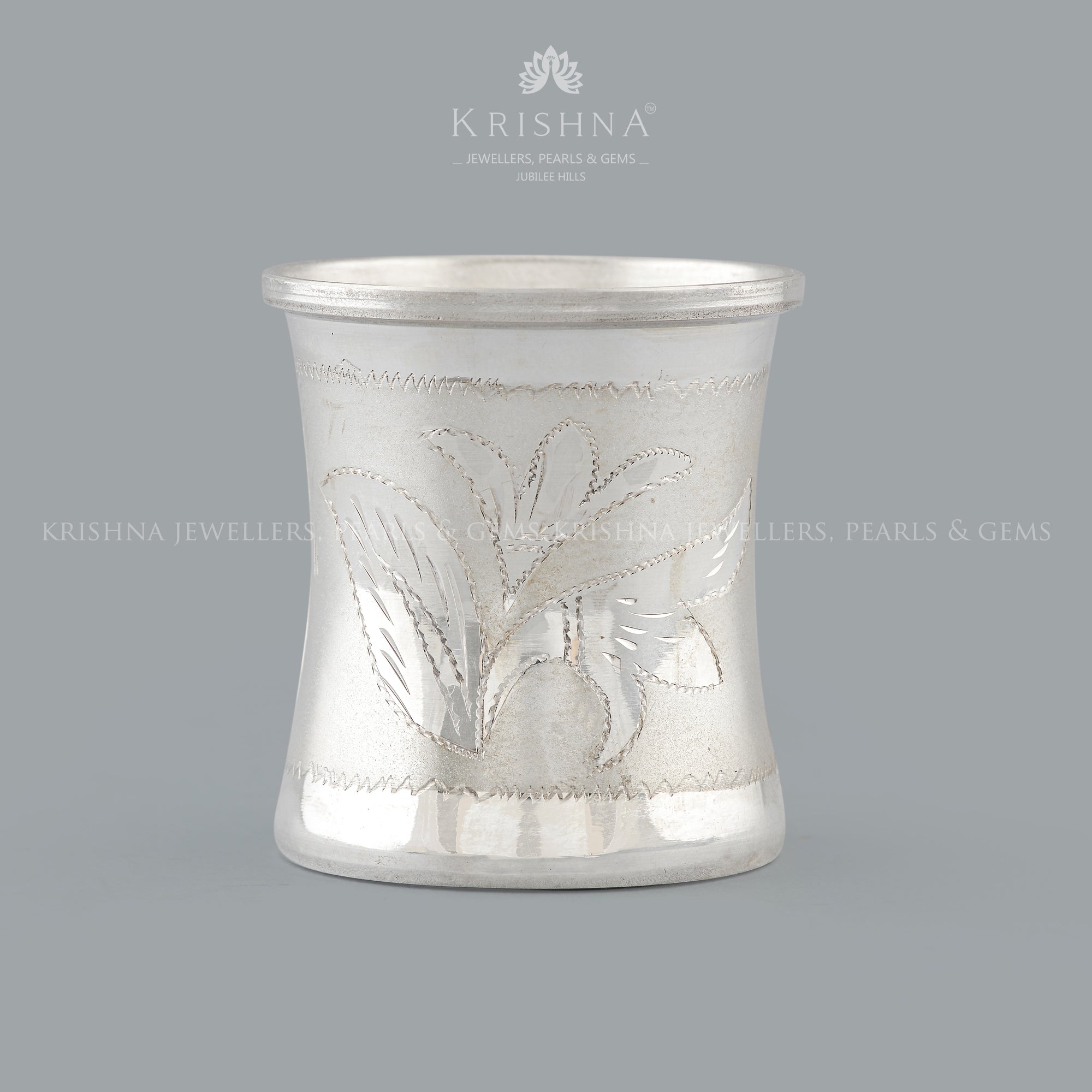 Elegant Silver Pooja Glass with Intricate Leaf Theme Design - Krishna Jewellers Pearls and Gems