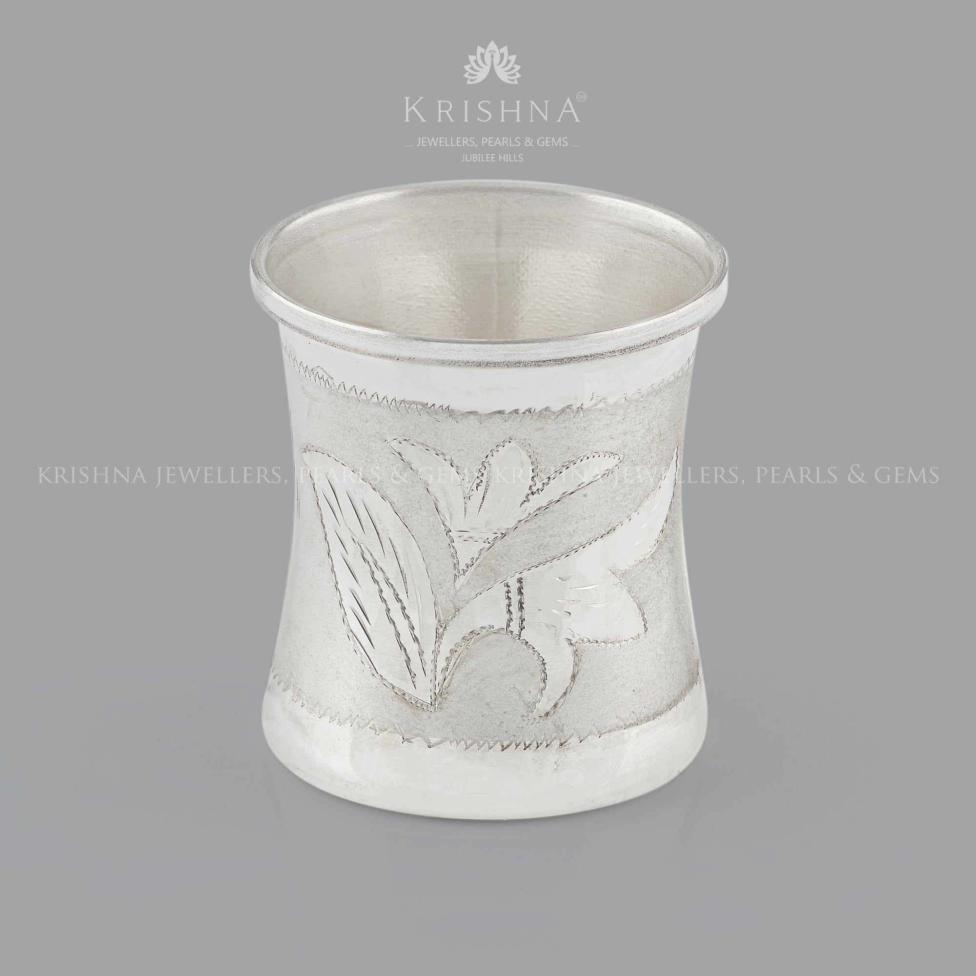 Elegant Silver Pooja Glass with Intricate Leaf Theme Design - Krishna Jewellers Pearls and Gems