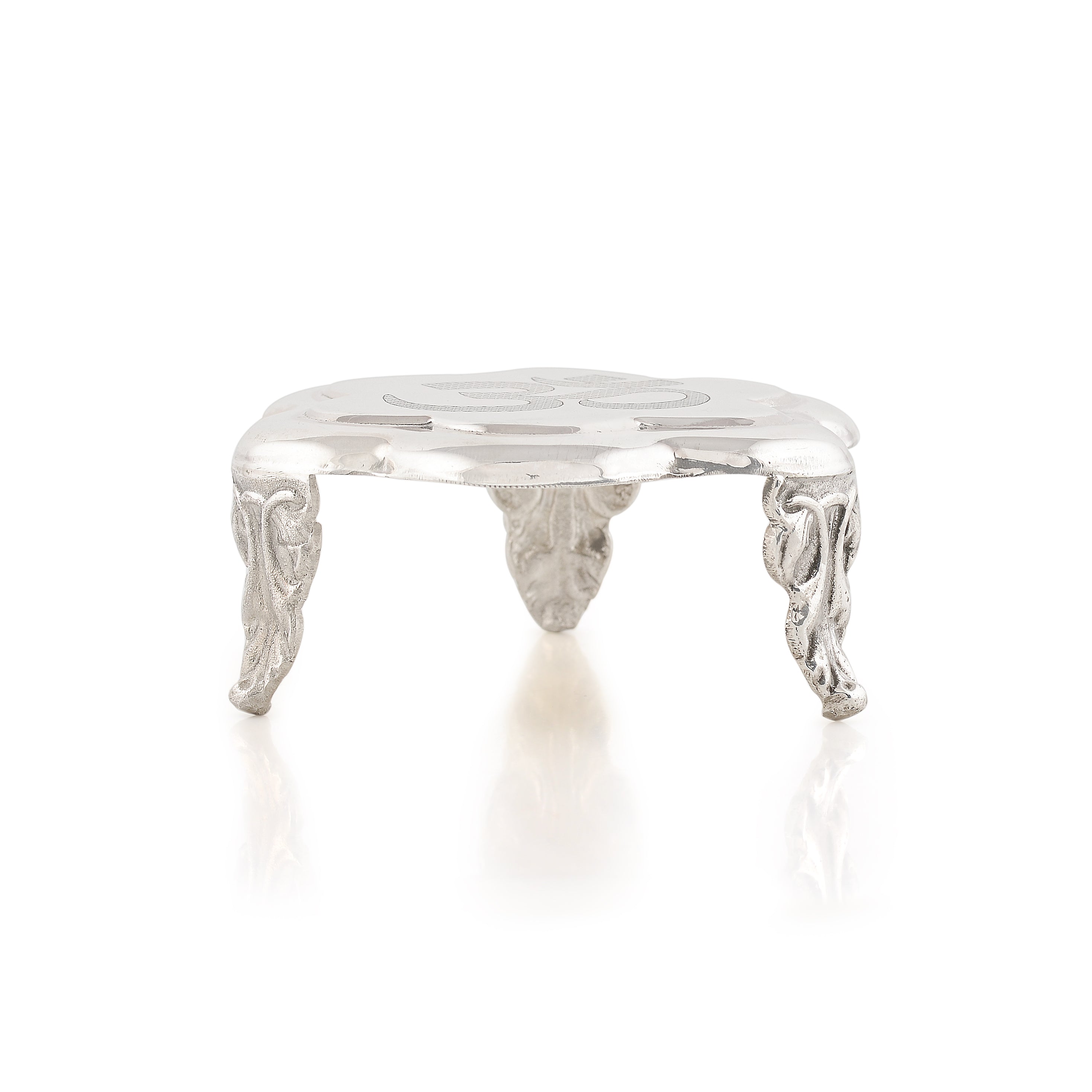 Silver Om-Themed 3 Legs Stool for Pooja