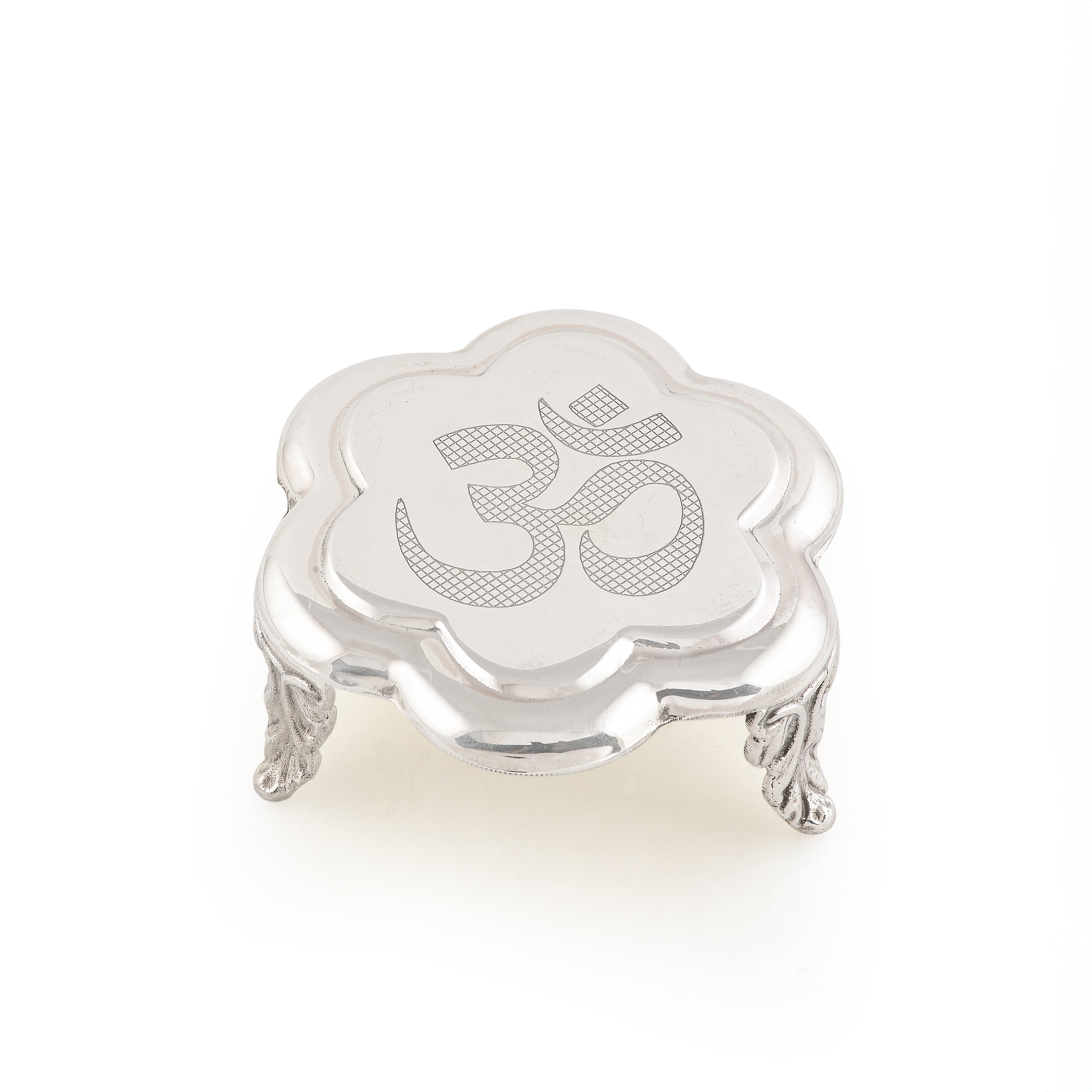 Silver Om-Themed 3 Legs Stool for Pooja