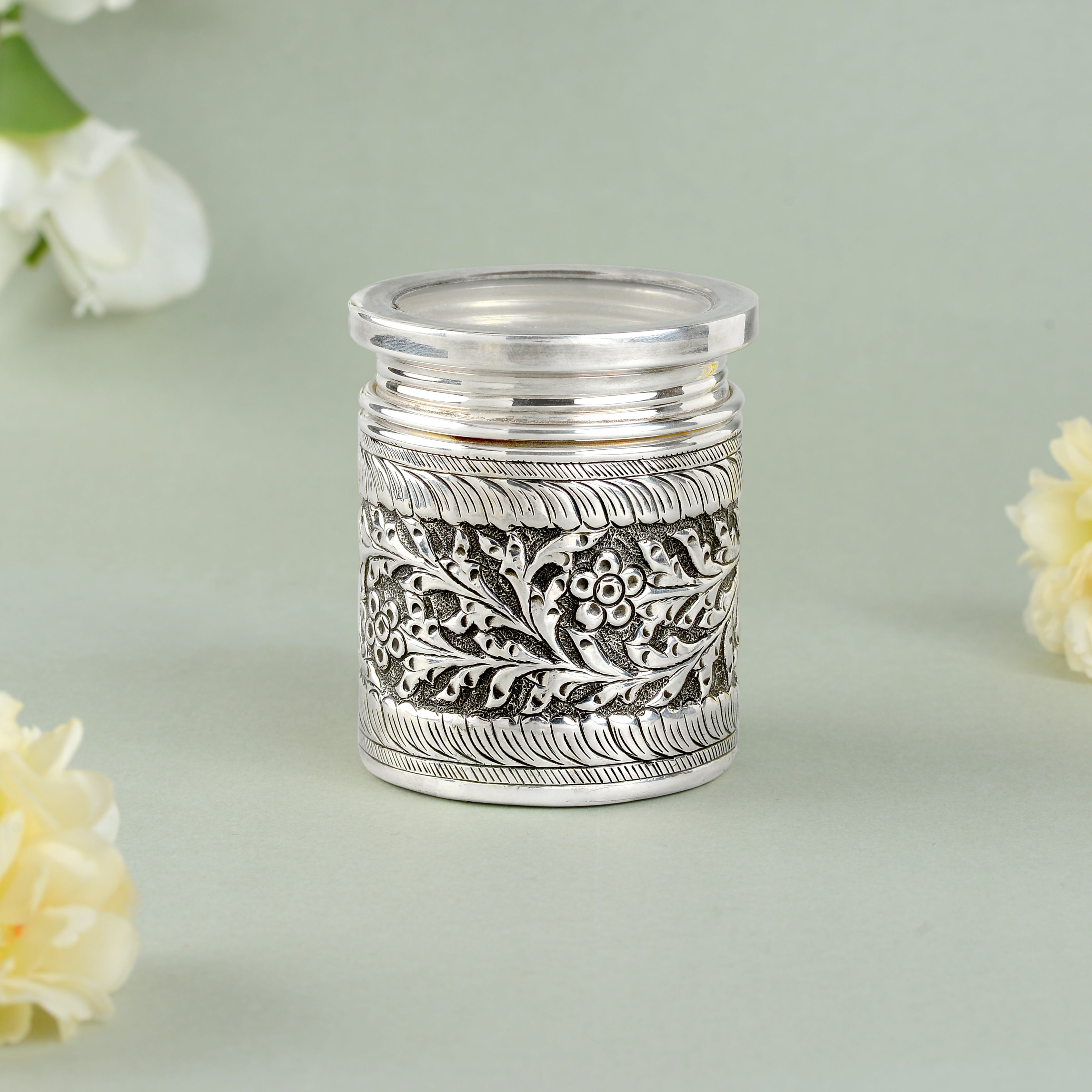 Floral Adorned Silver Dry Fruit Box