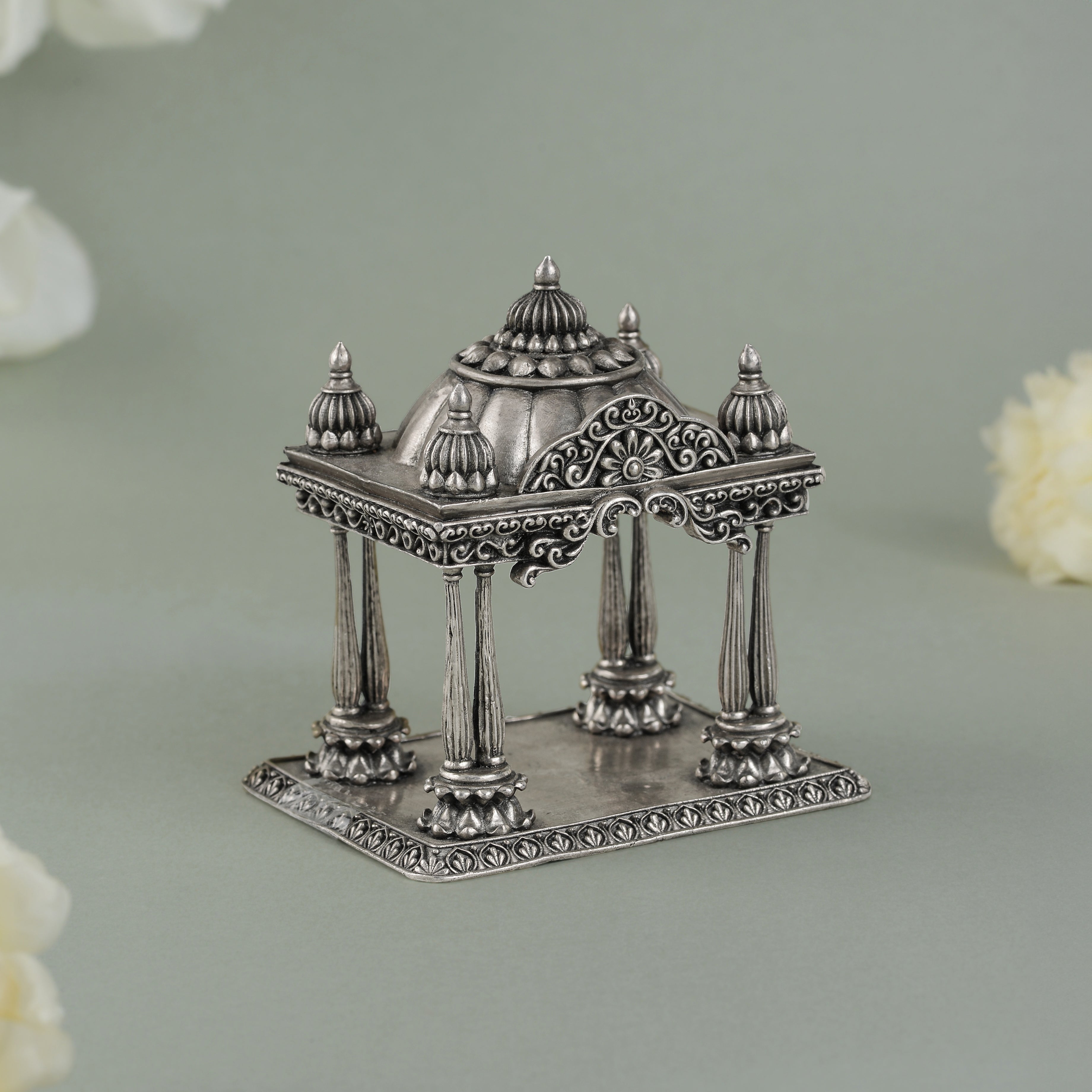 Antique Silver Mandir with Floral Design