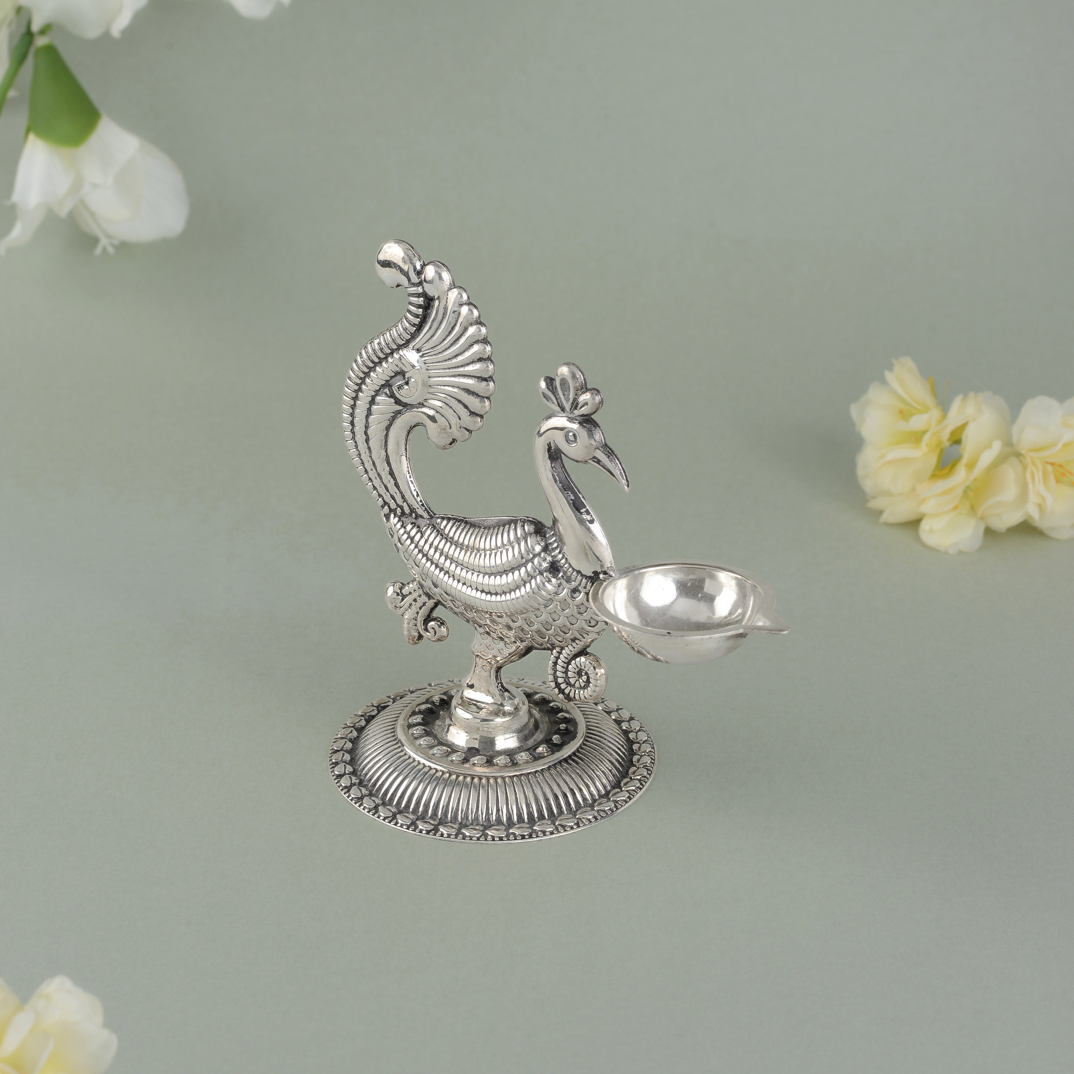 Silver Peacock-Themed Deepam Stand 92.5