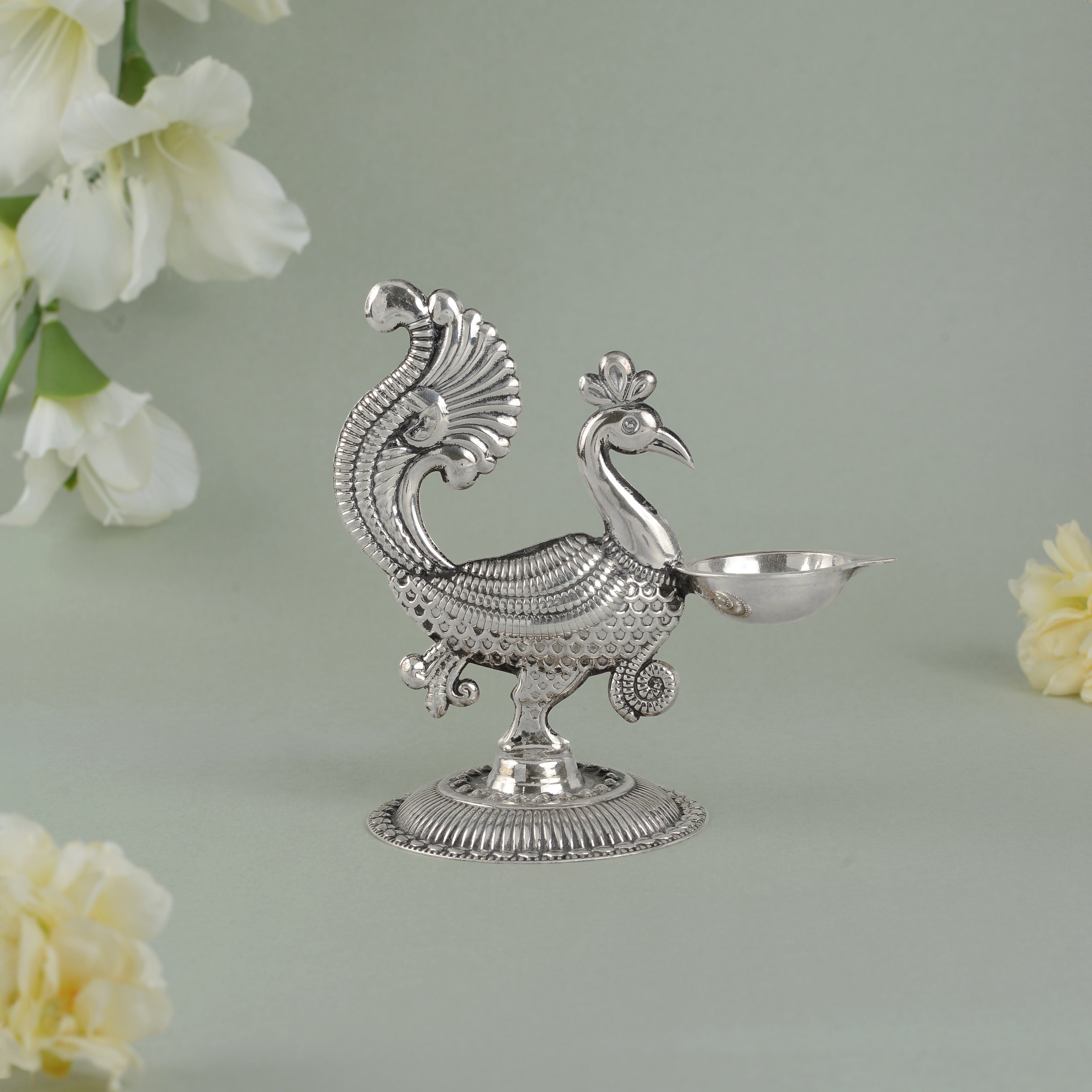 Silver Peacock-Themed Diya Stand 92.5