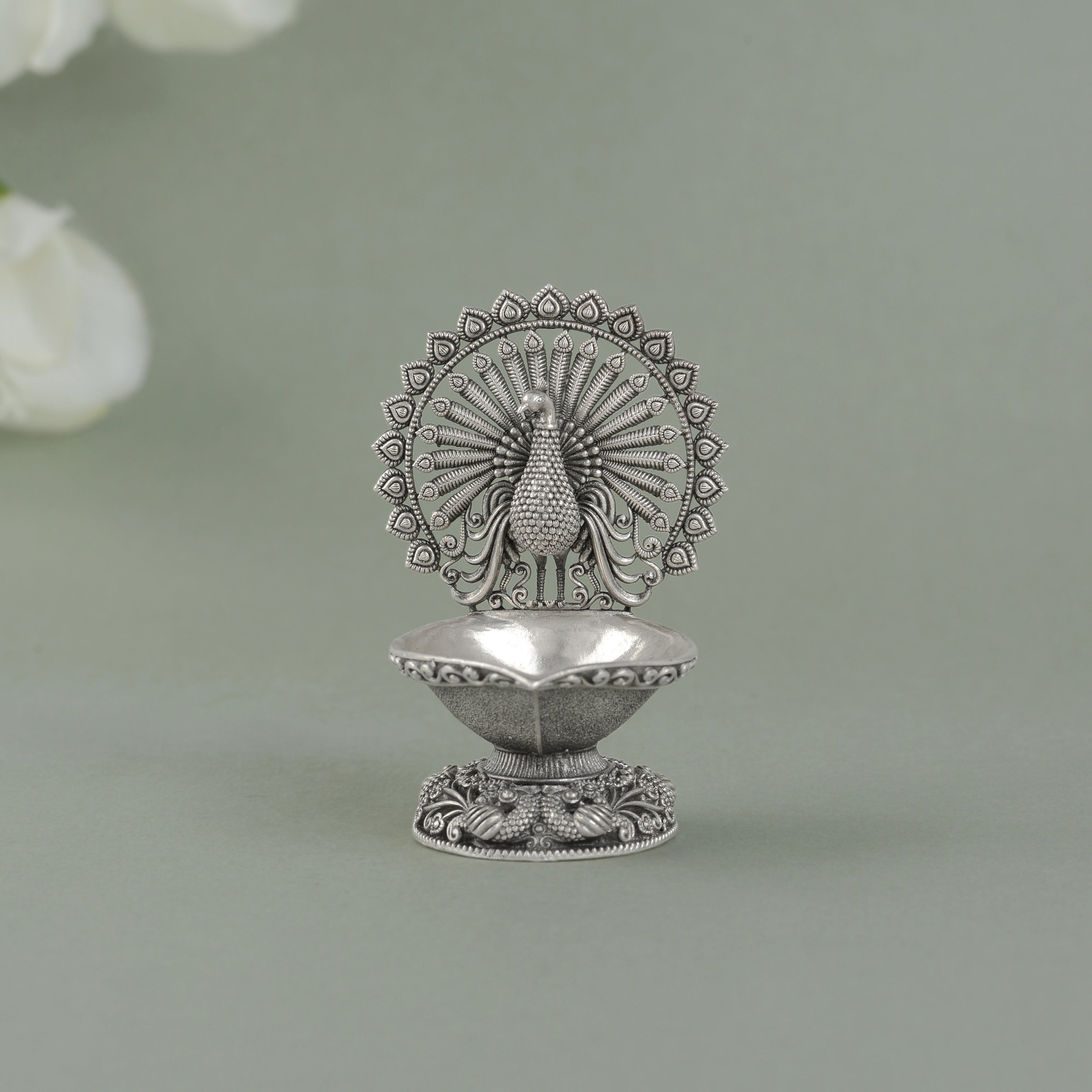 Silver Diya Stand with Peacock Theme