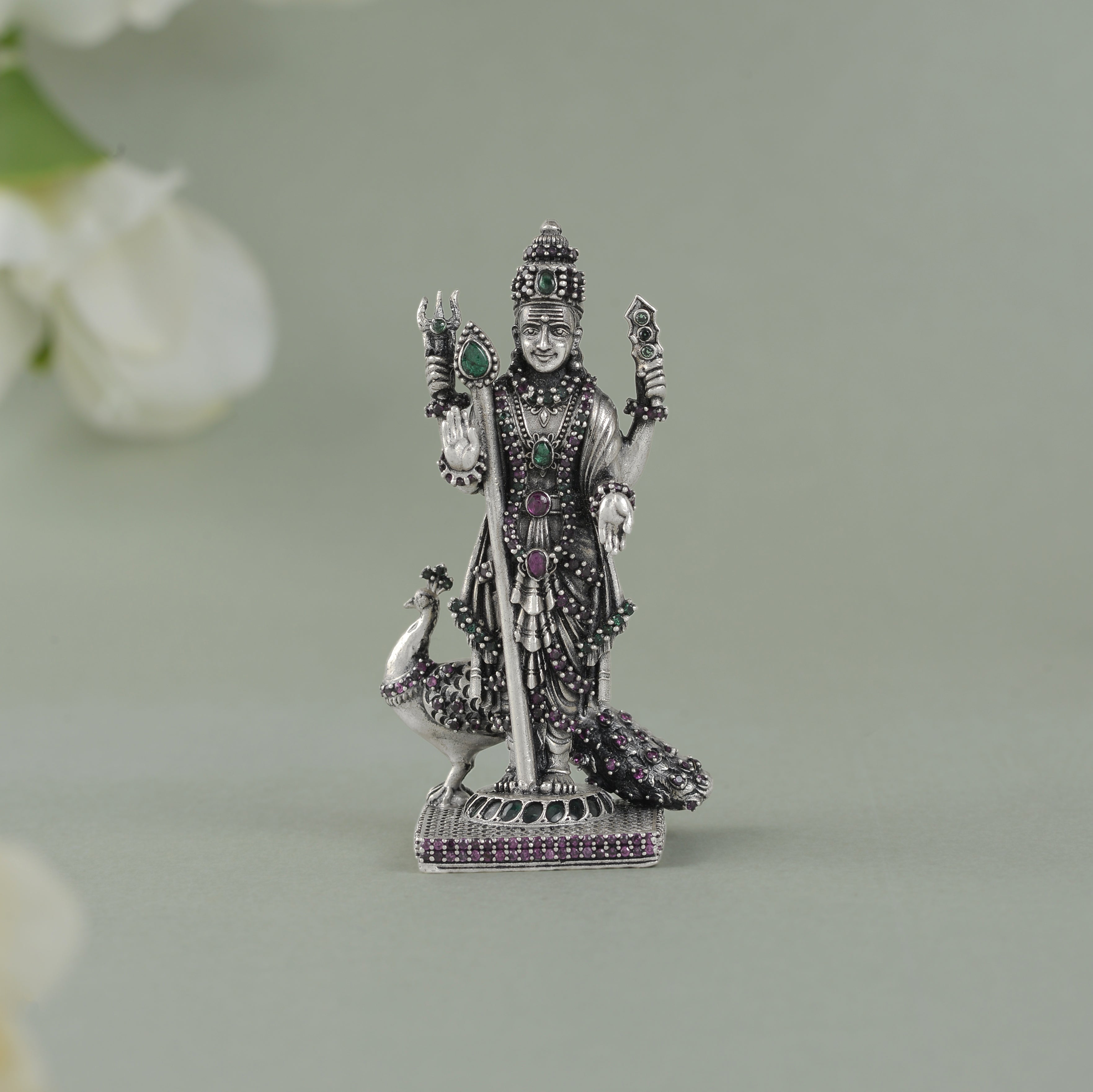 Silver Idol of Murugan with Peacock