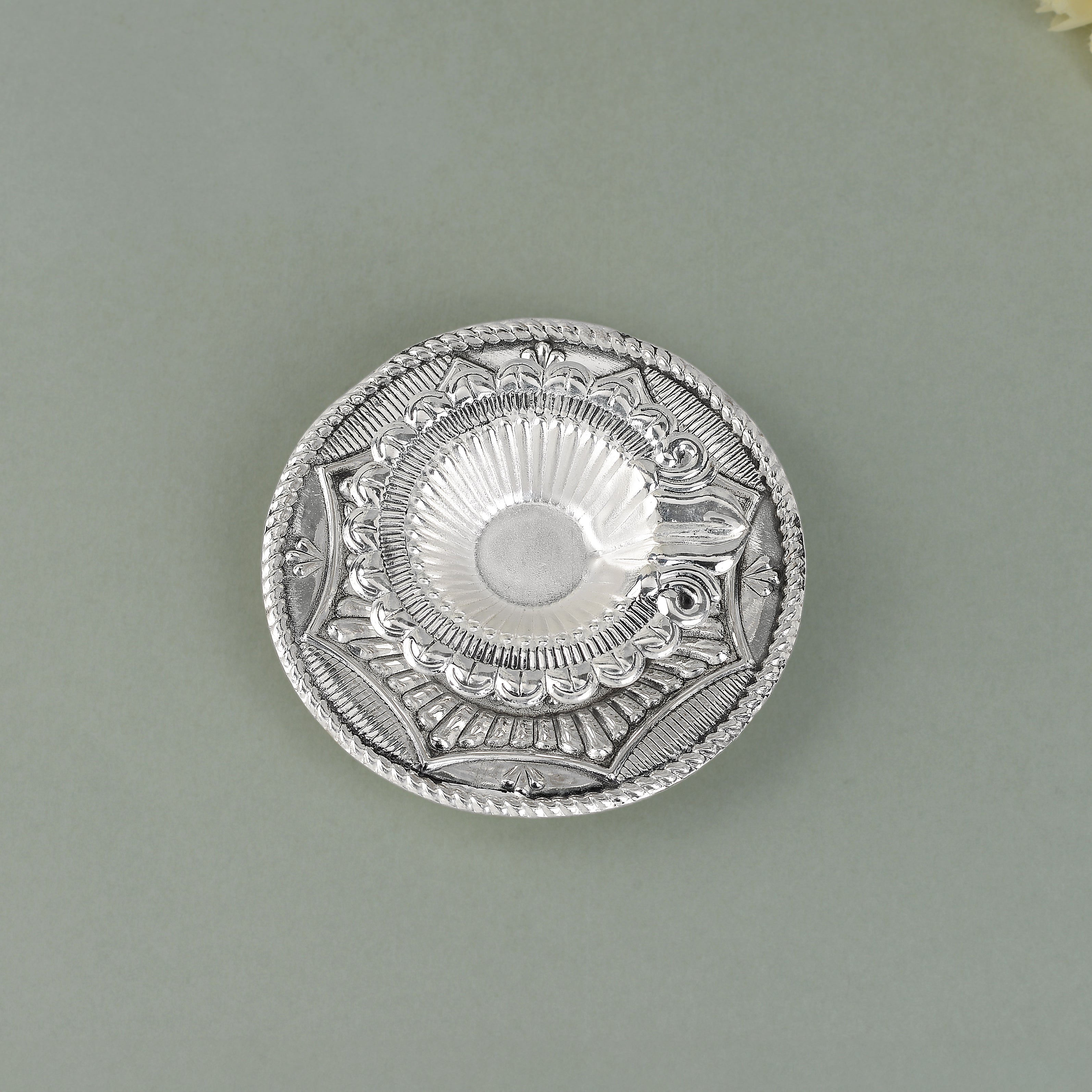 Silver Diya with Antique Floral Design