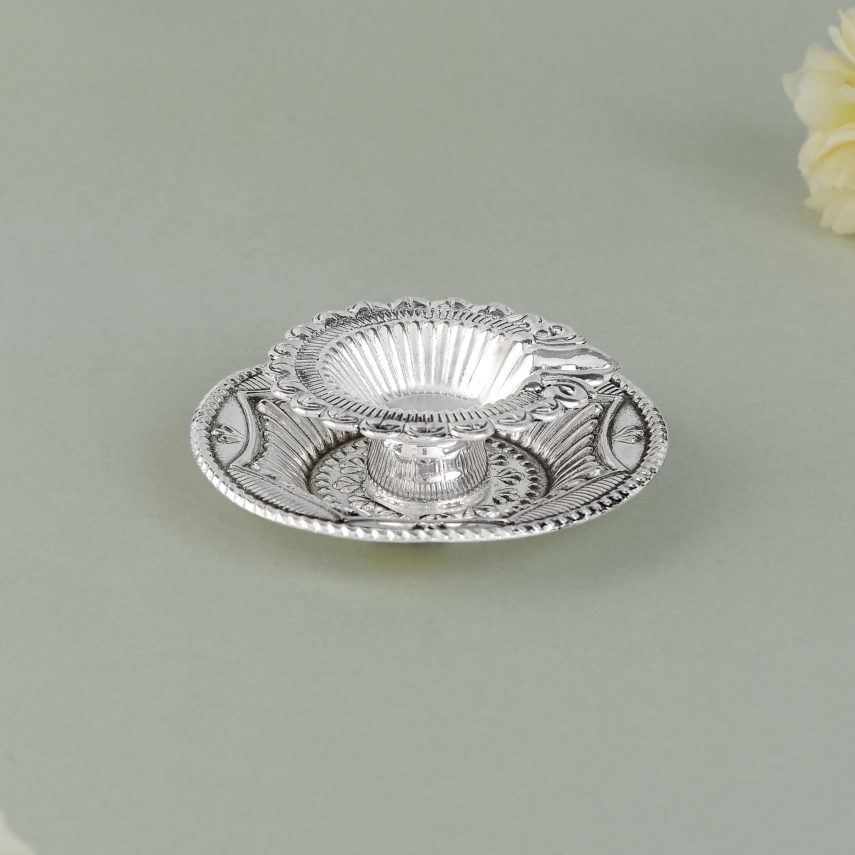 Silver Diya with Antique Floral Design