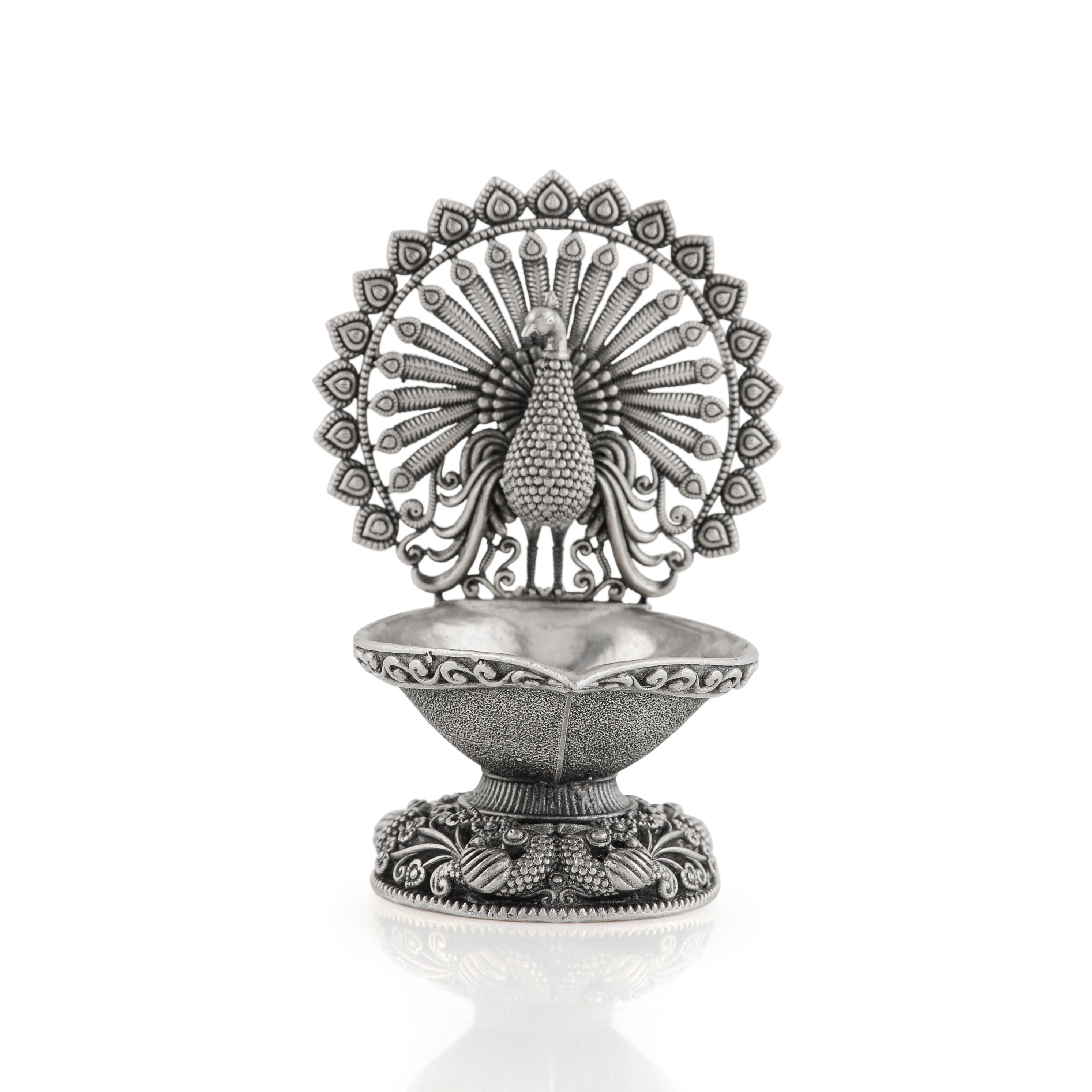 Silver Diya Stand with Peacock Theme