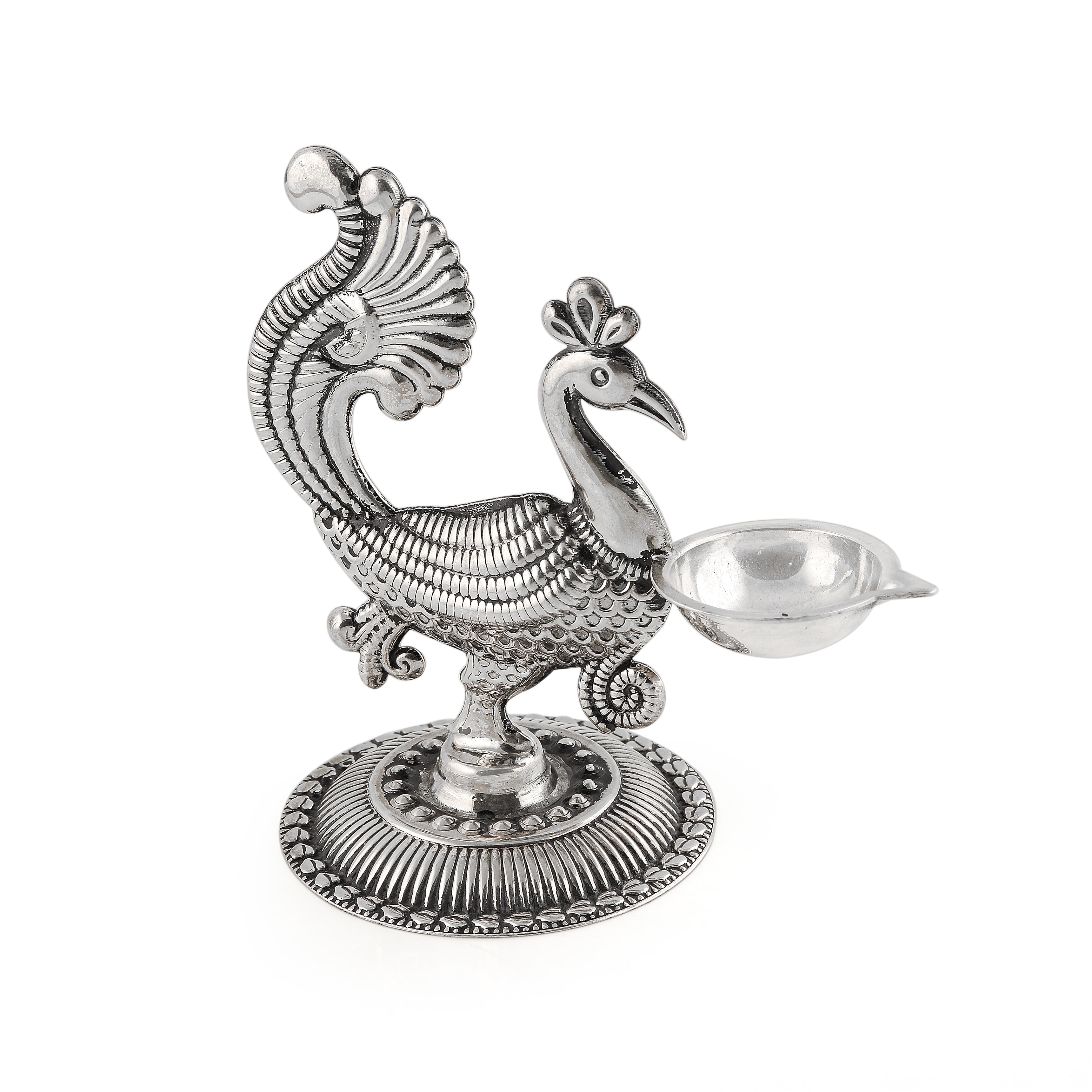 Silver Peacock-Themed Deepam Stand 92.5