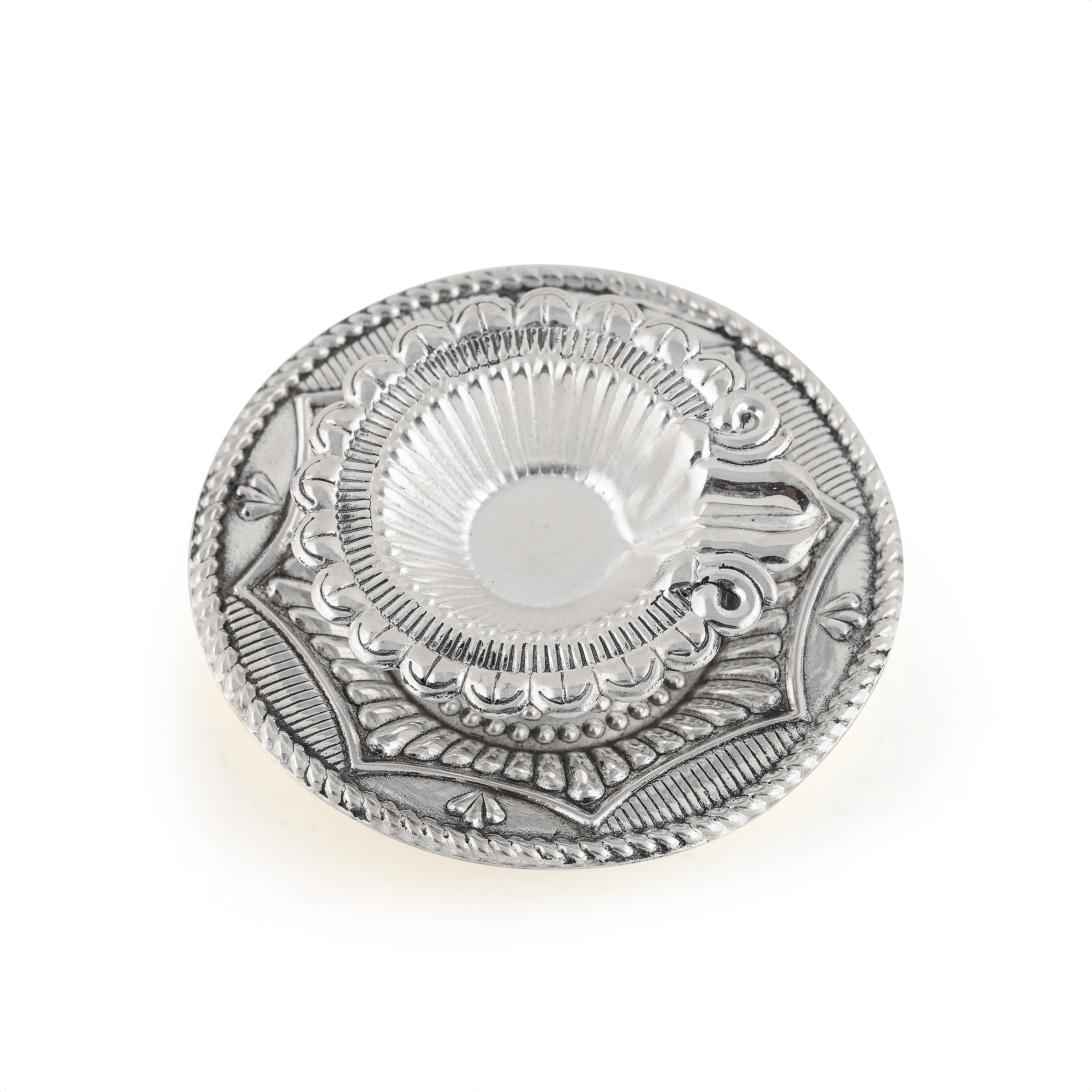 Silver Diya with Antique Floral Design