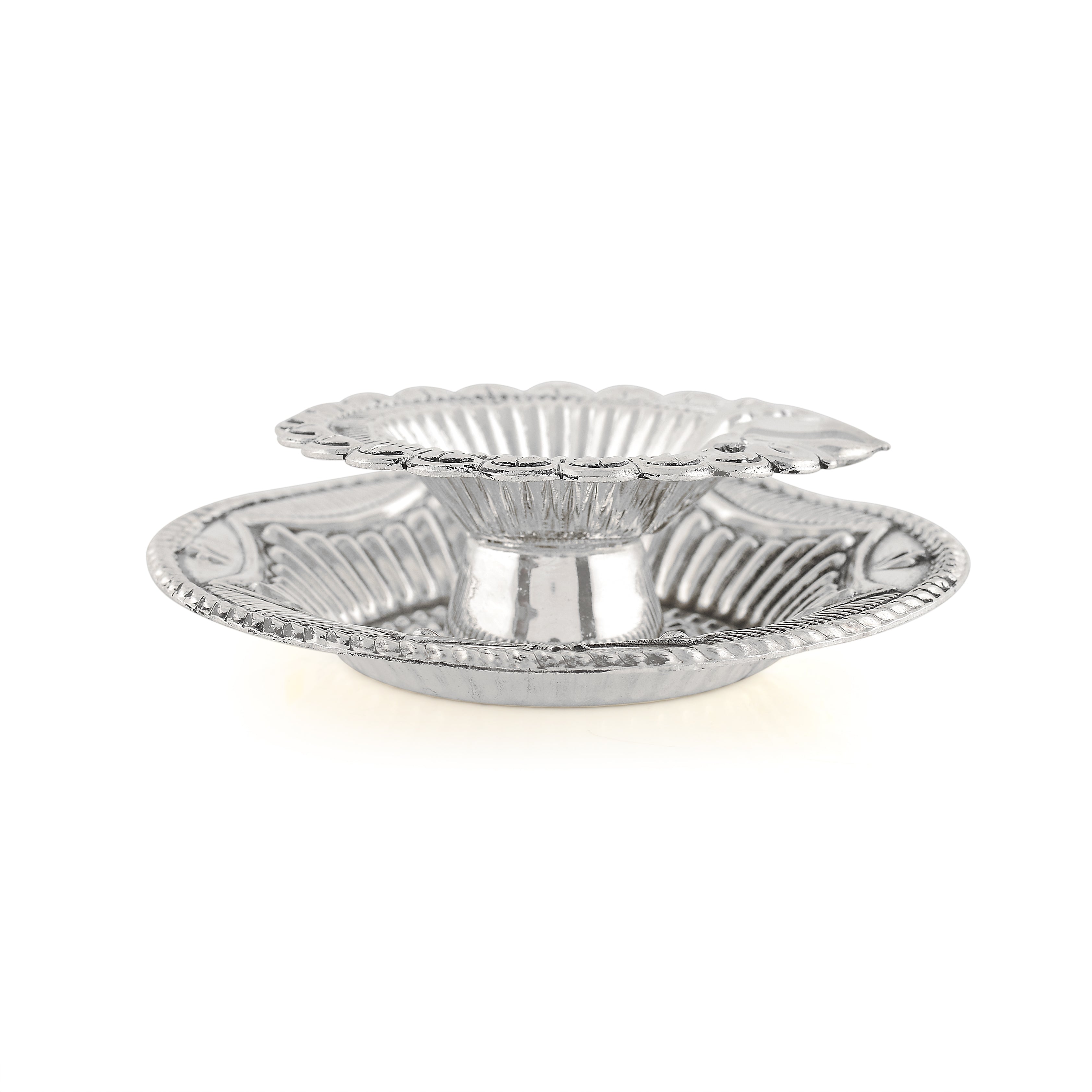 Silver Diya with Antique Floral Design