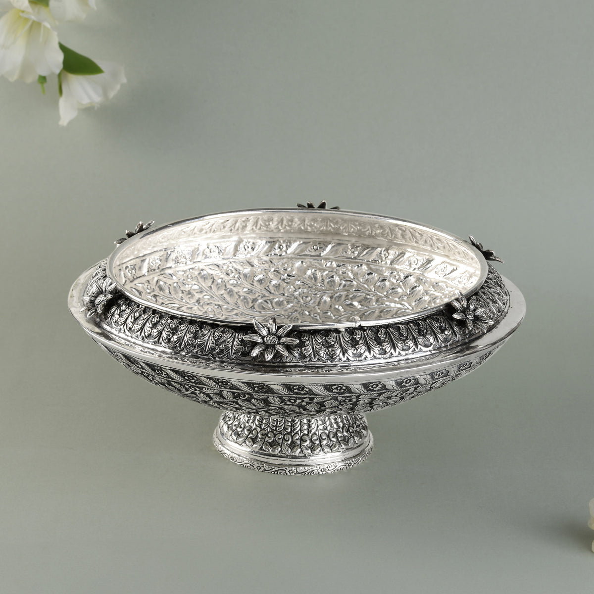 Silver Pattern Vessel Antique Flower Silver Vessel – Krishna Jewellers