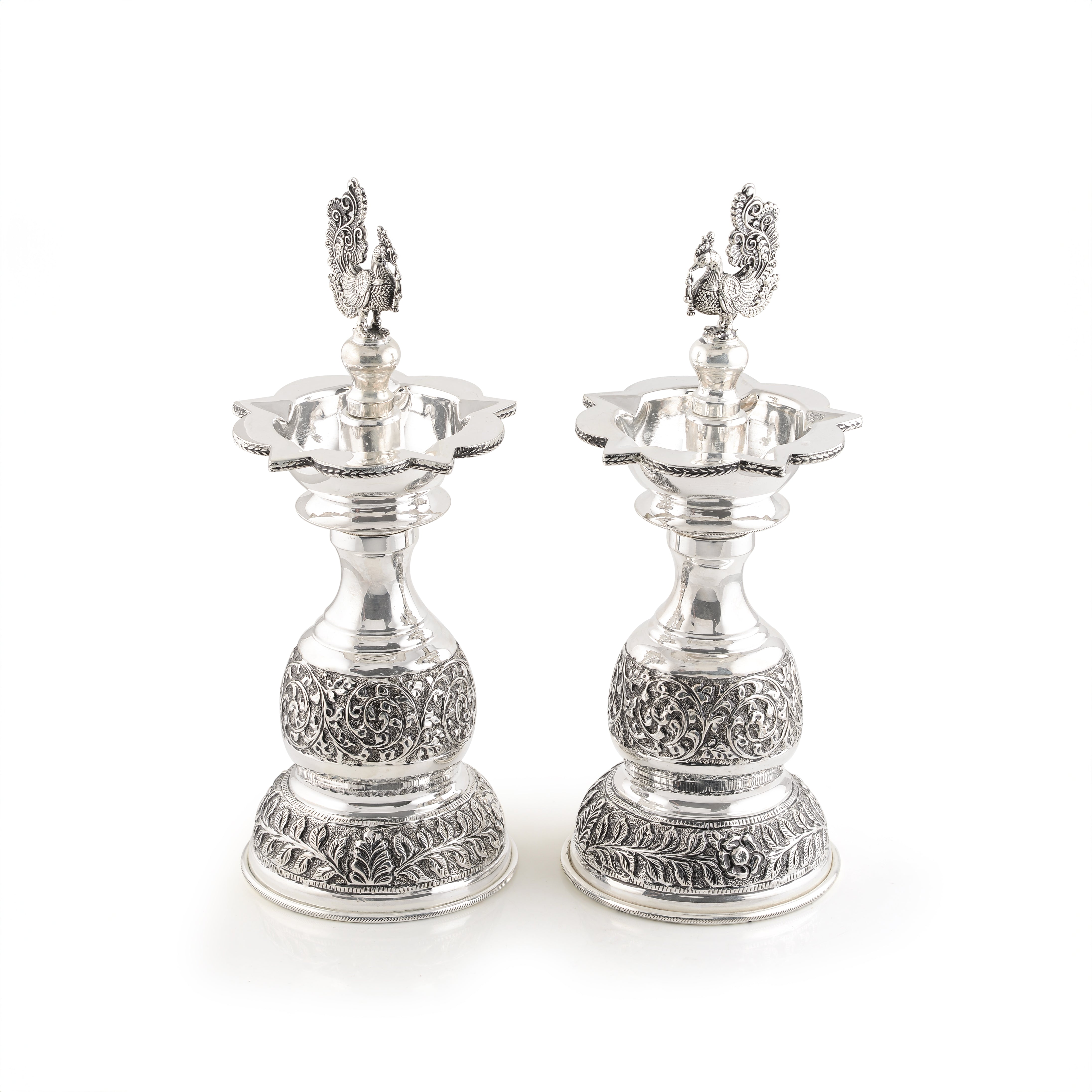 Silver Peacock Deepam with Nakshi Elegance