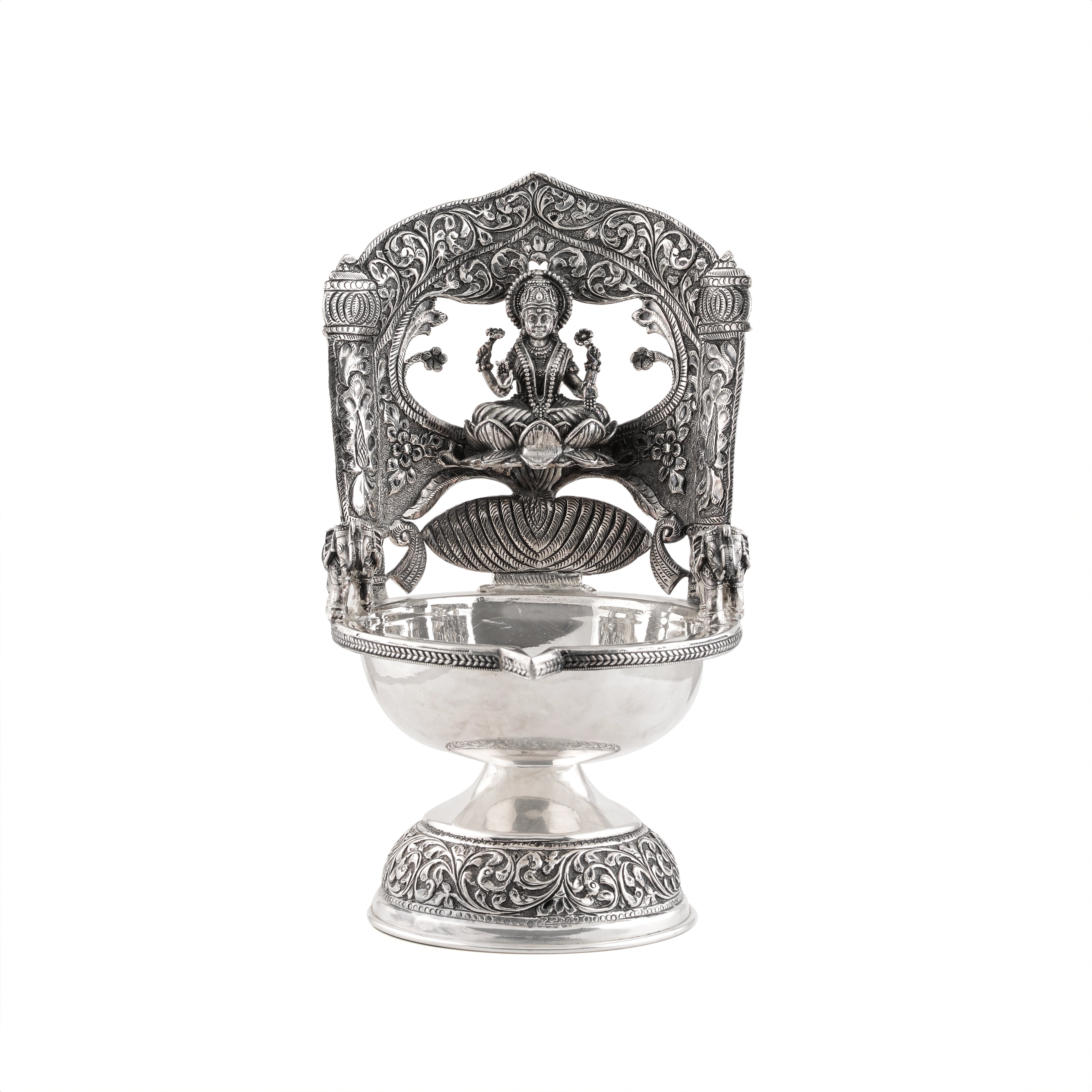 Lakshmi devi floral silver diya.