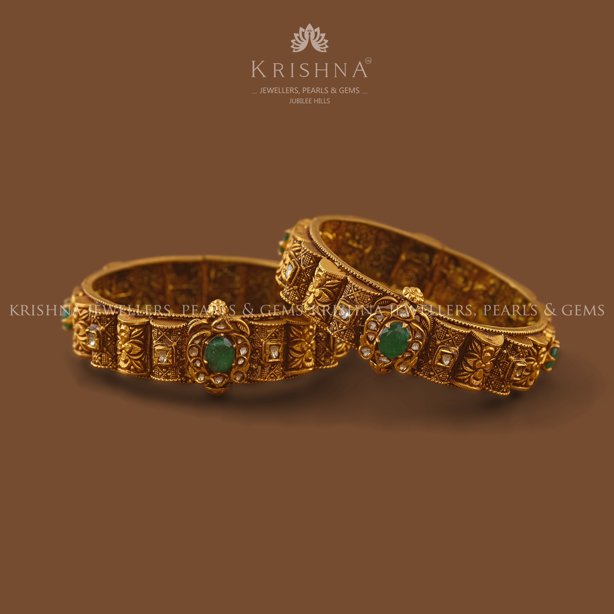 Antique Gold Bangles-Emerald and Diamond Embedded
