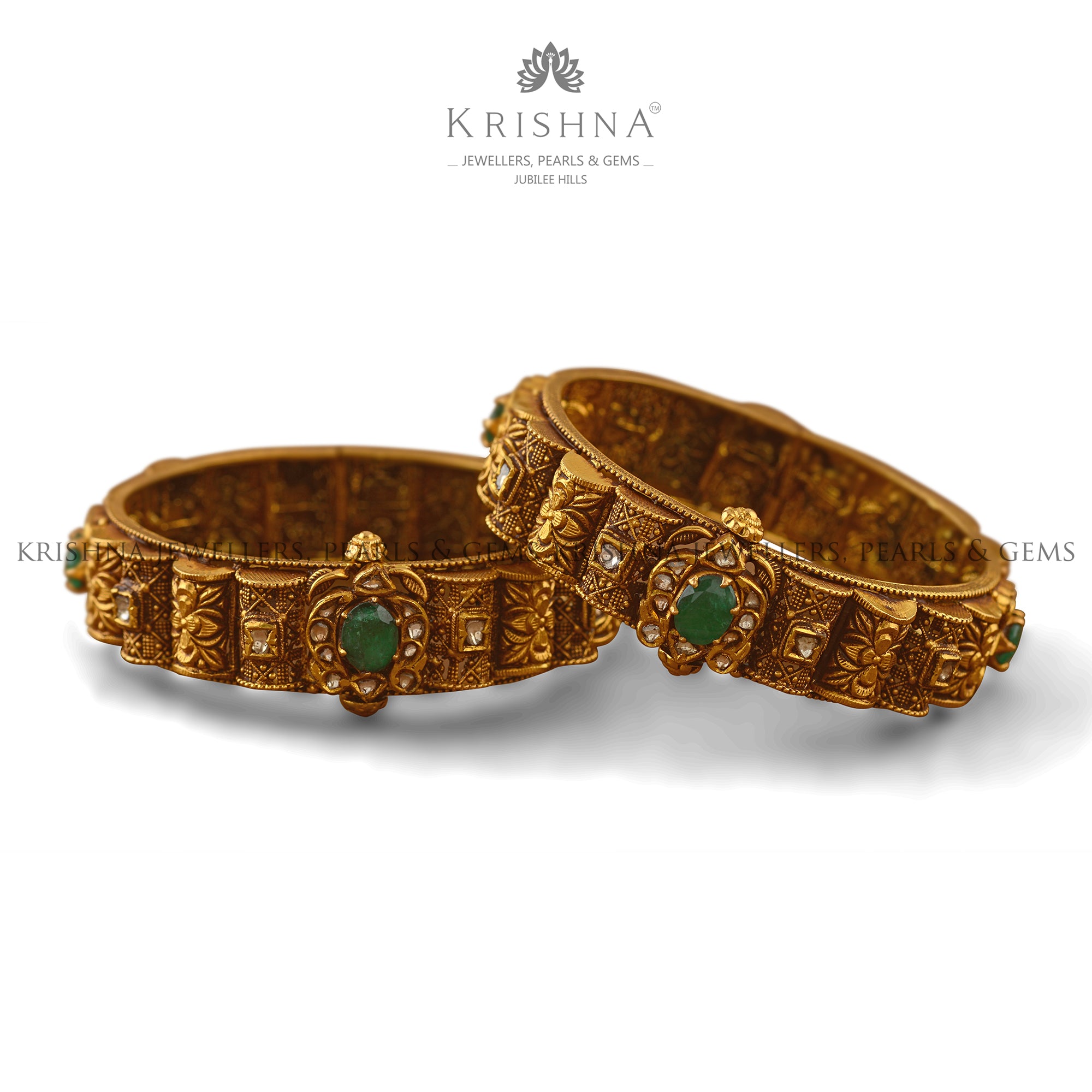 Antique Gold Bangles-Emerald and Diamond Embedded
