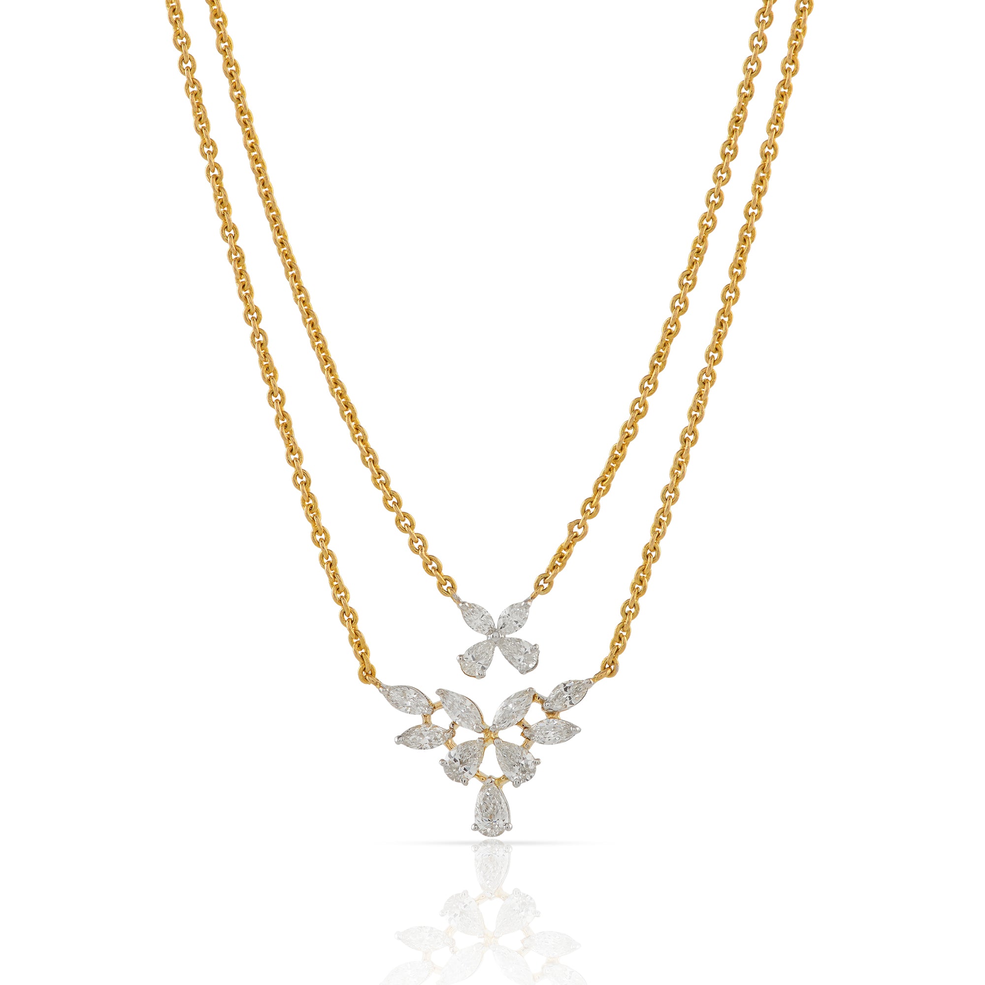 Gold Triple Chain Flower n Leaf Diamond Pendant