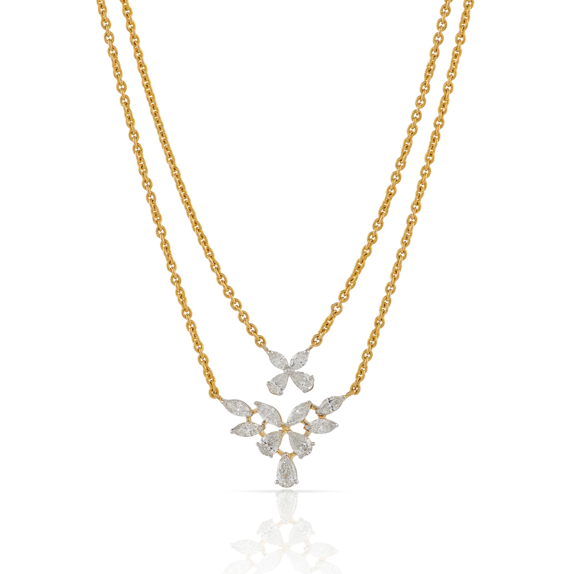 Gold Triple Chain Flower n Leaf Diamond Pendant - Krishna Jewellers Pearls and Gems