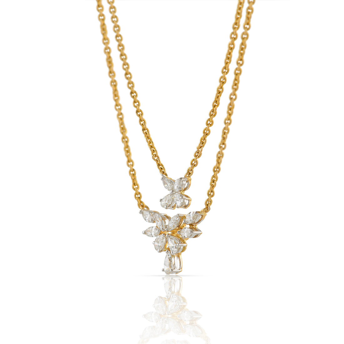 Gold Triple Chain Flower n Leaf Diamond Pendant - Krishna Jewellers Pearls and Gems