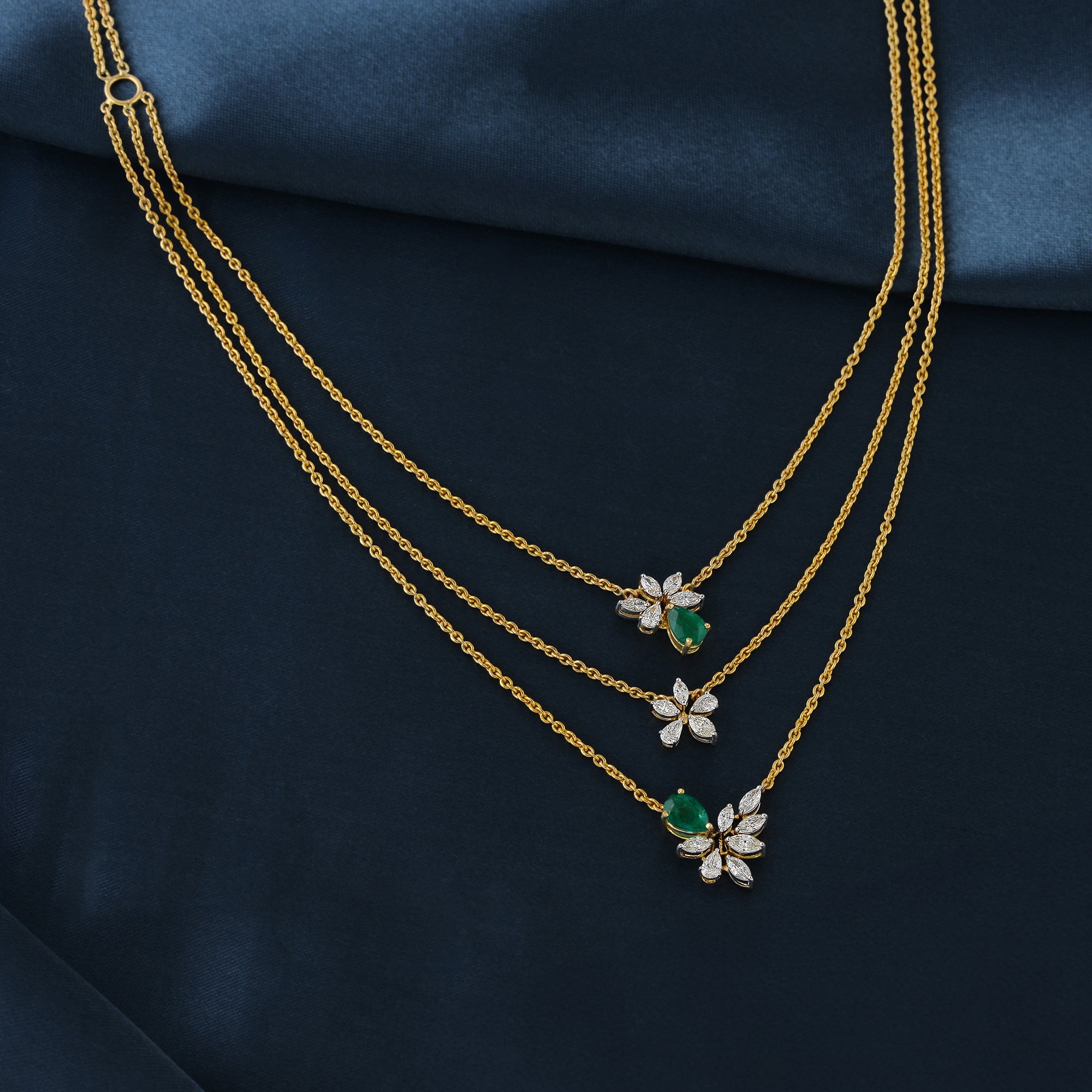 Gold Double Chain Floral Diamond Pendant