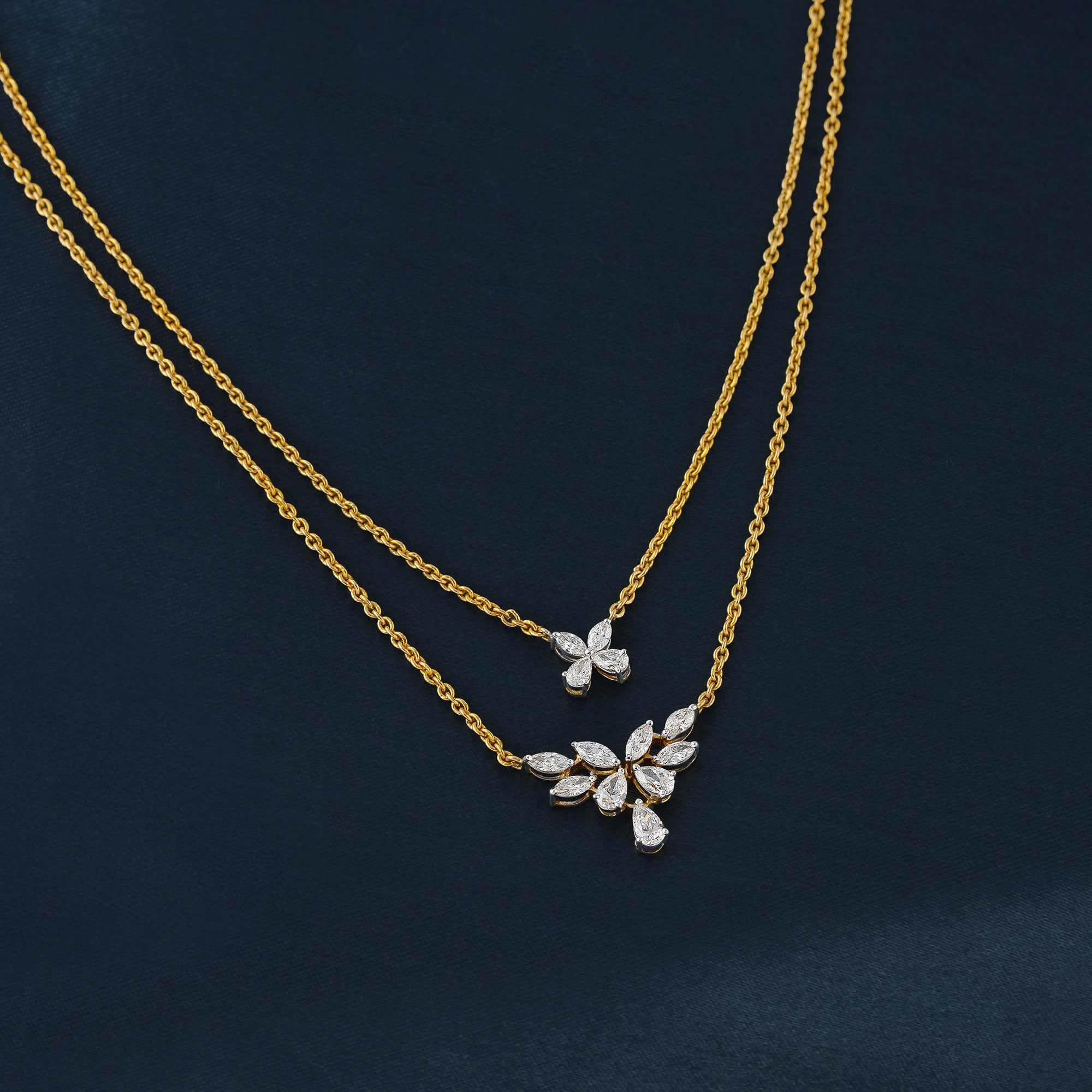 Gold Triple Chain Flower n Leaf Diamond Pendant