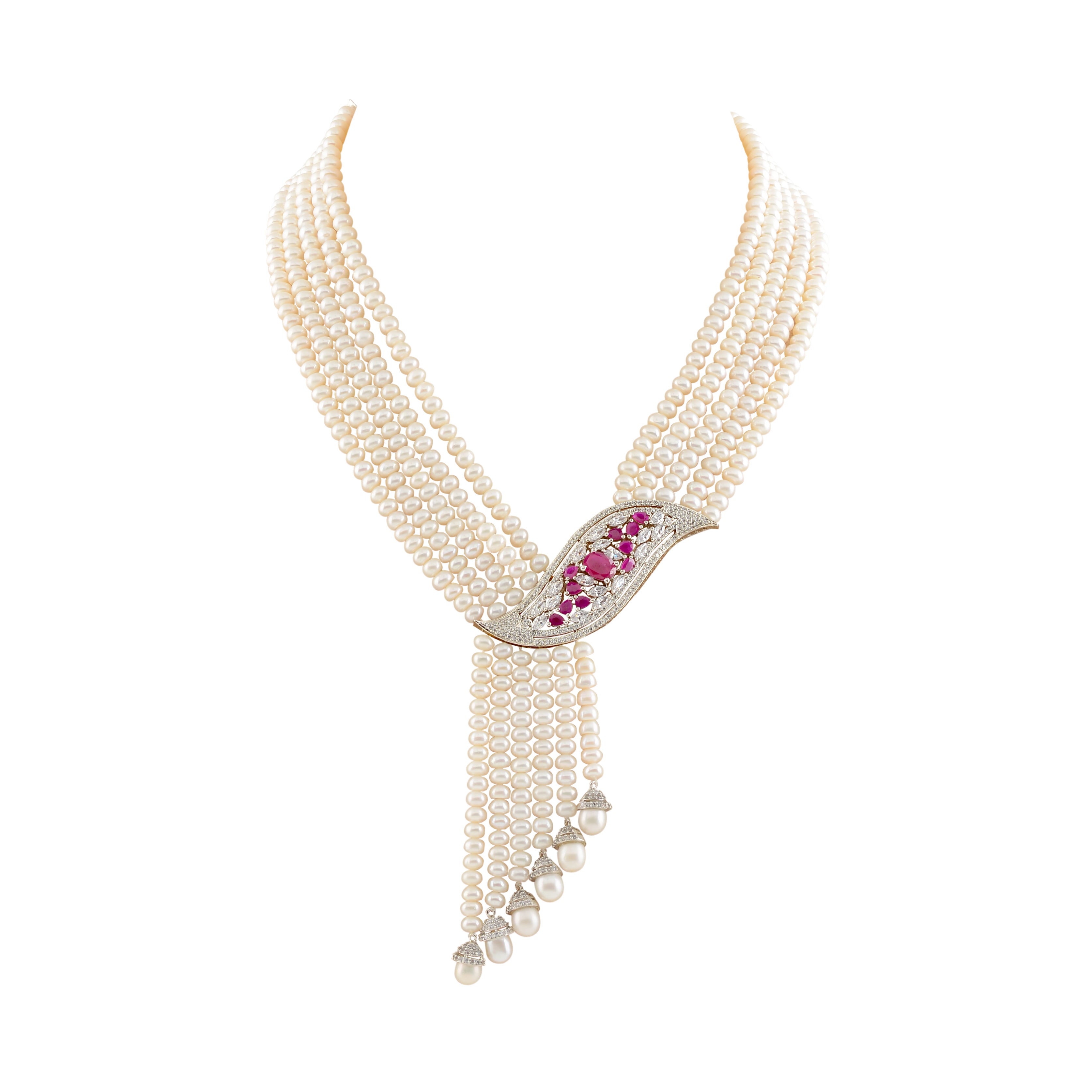 Pearl Necklace and Earrings with Pink Stones and CZ's - Krishna Jewellers Pearls and Gems