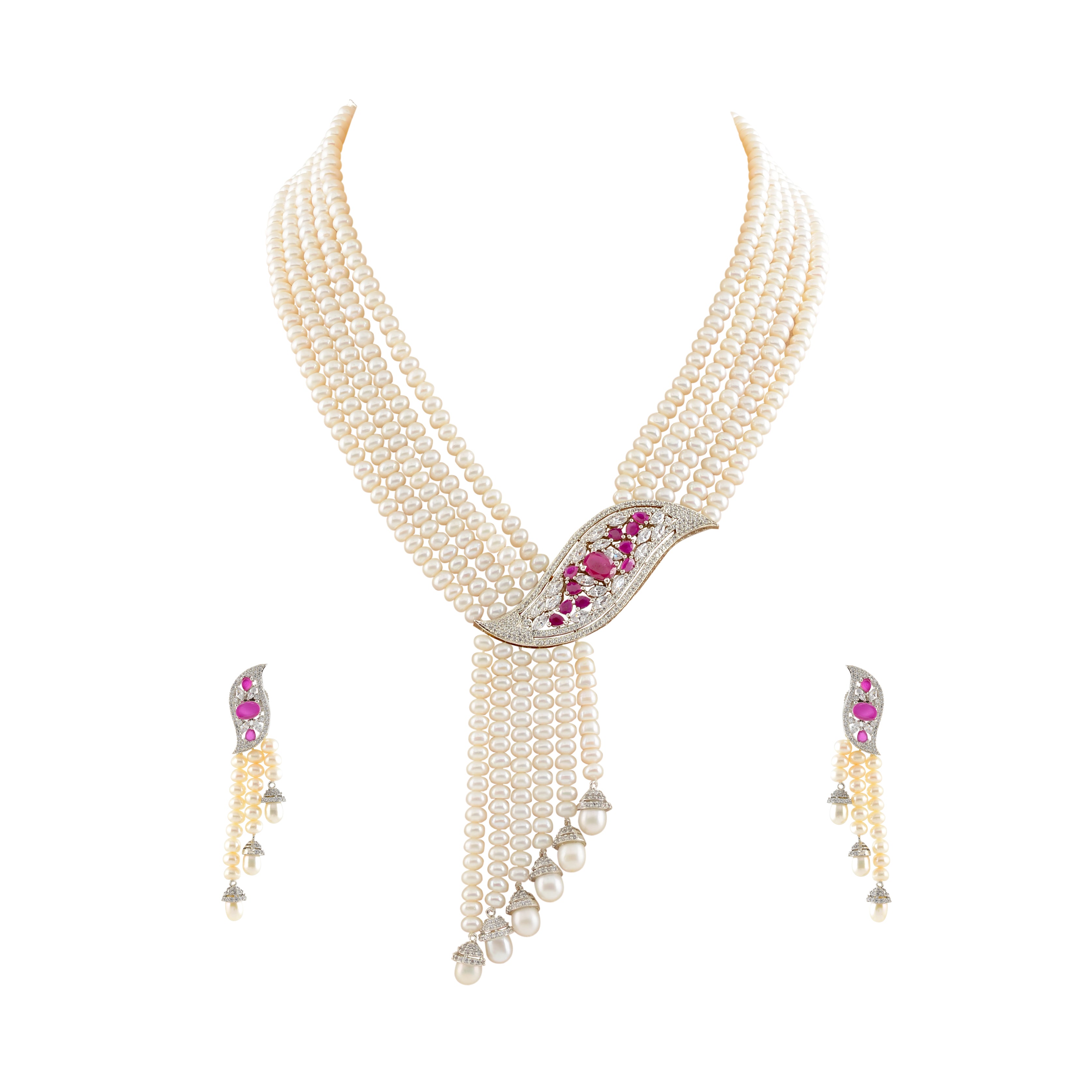 Pearl Necklace and Earrings with Pink Stones and CZ's - Krishna Jewellers Pearls and Gems