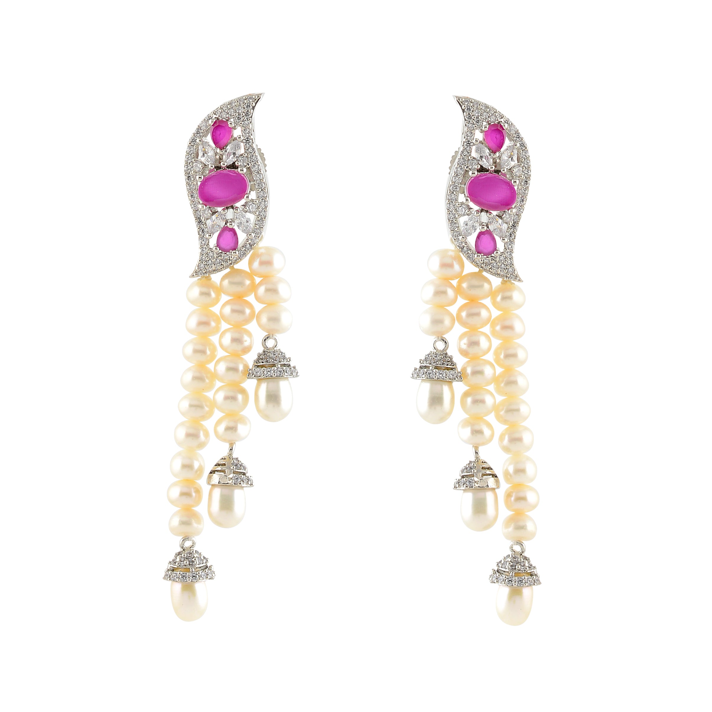 Pearl Necklace and Earrings with Pink Stones and CZ's - Krishna Jewellers Pearls and Gems