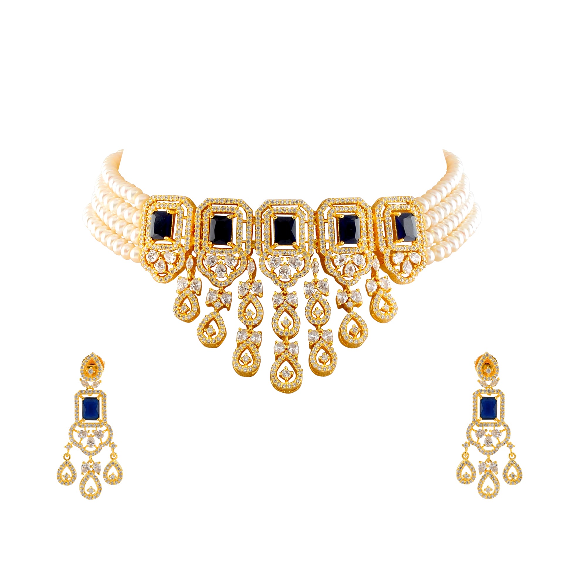 Pretty Pearl Choker and Hanging Earrings with Blue Stone - Krishna Jewellers Pearls and Gems