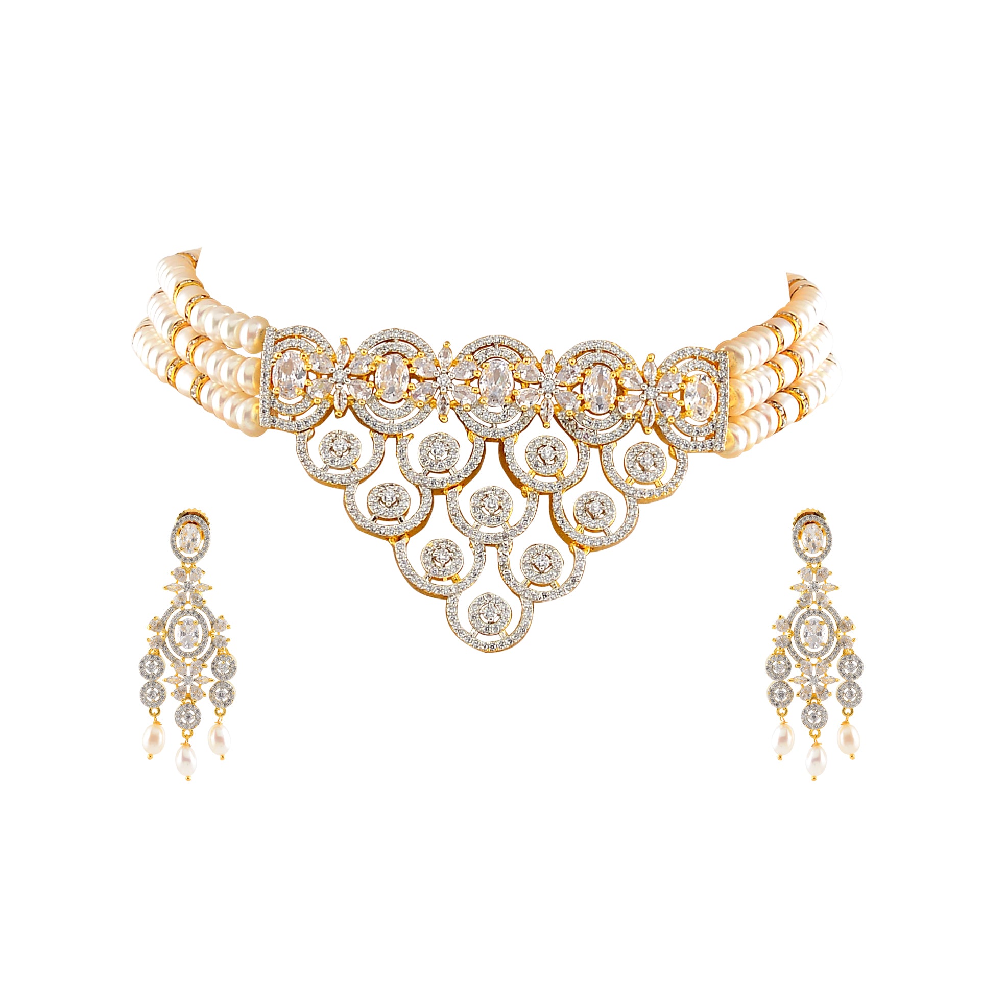 Pearl Choker Set with CZs and Freshwater Pearls - Krishna Jewellers Pearls and Gems