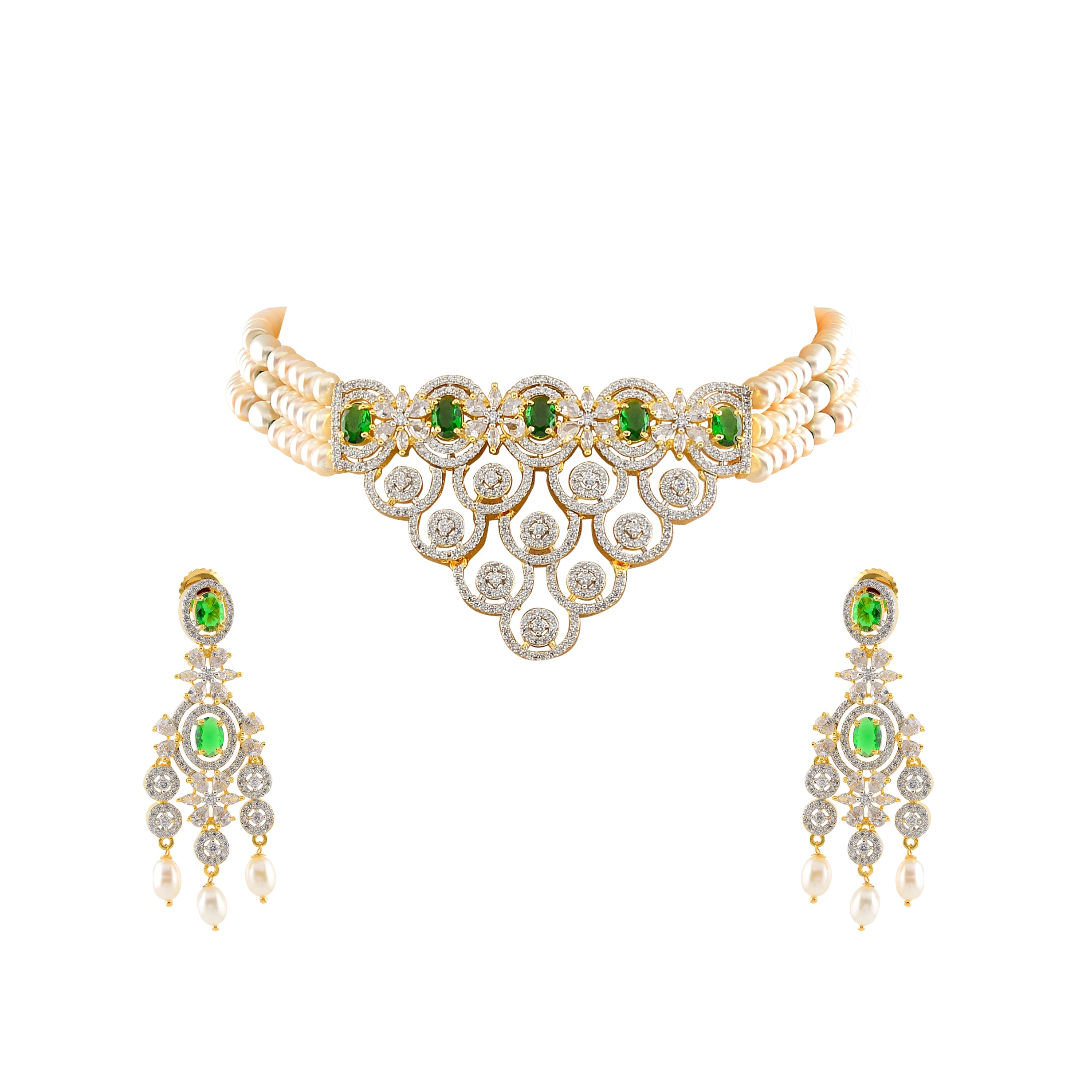 Beautiful Pearl and Greenstones Choker with Earrings - Krishna Jewellers Pearls and Gems