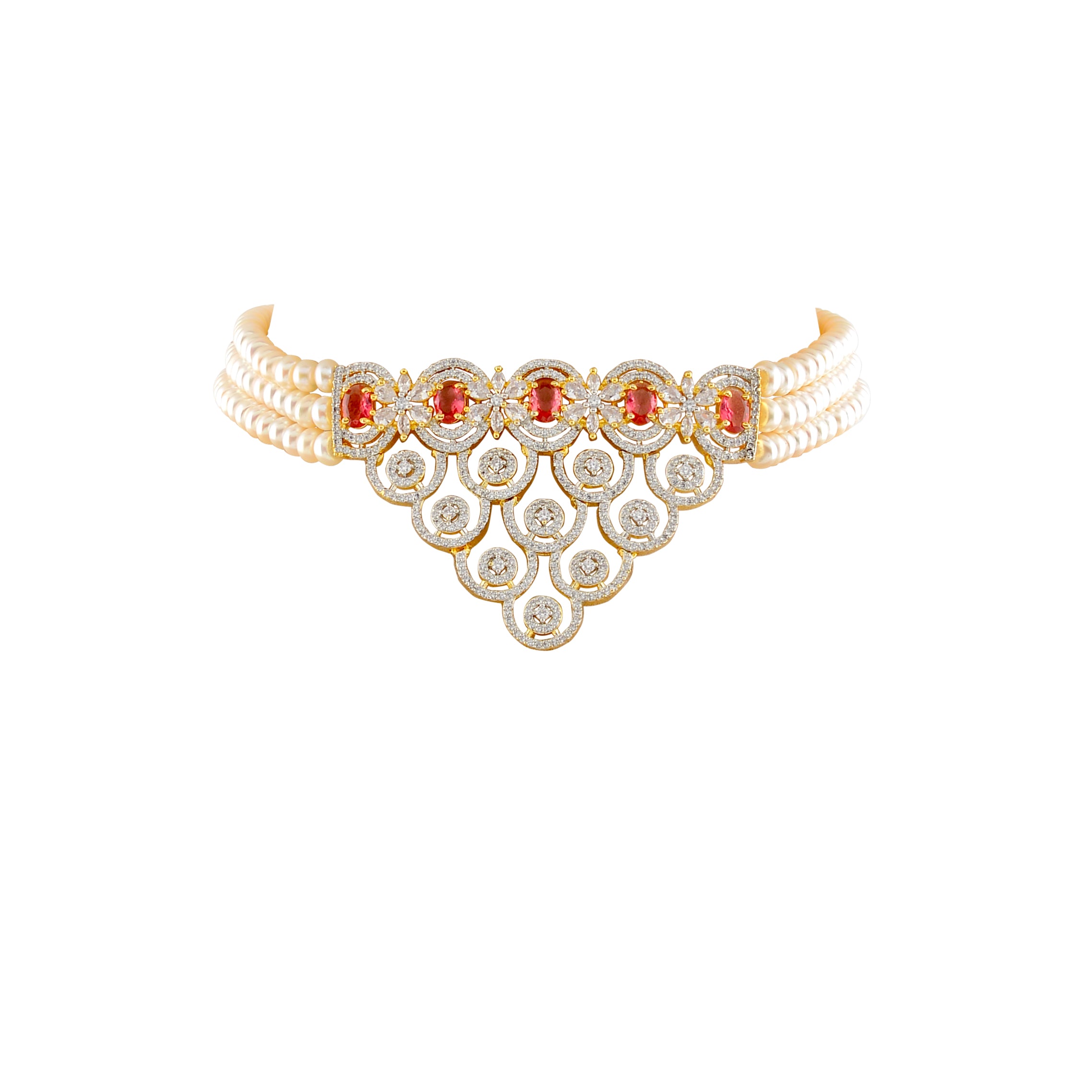 Pearl Choker Set with Red Stones and Freshwater Pearls - Krishna Jewellers Pearls and Gems