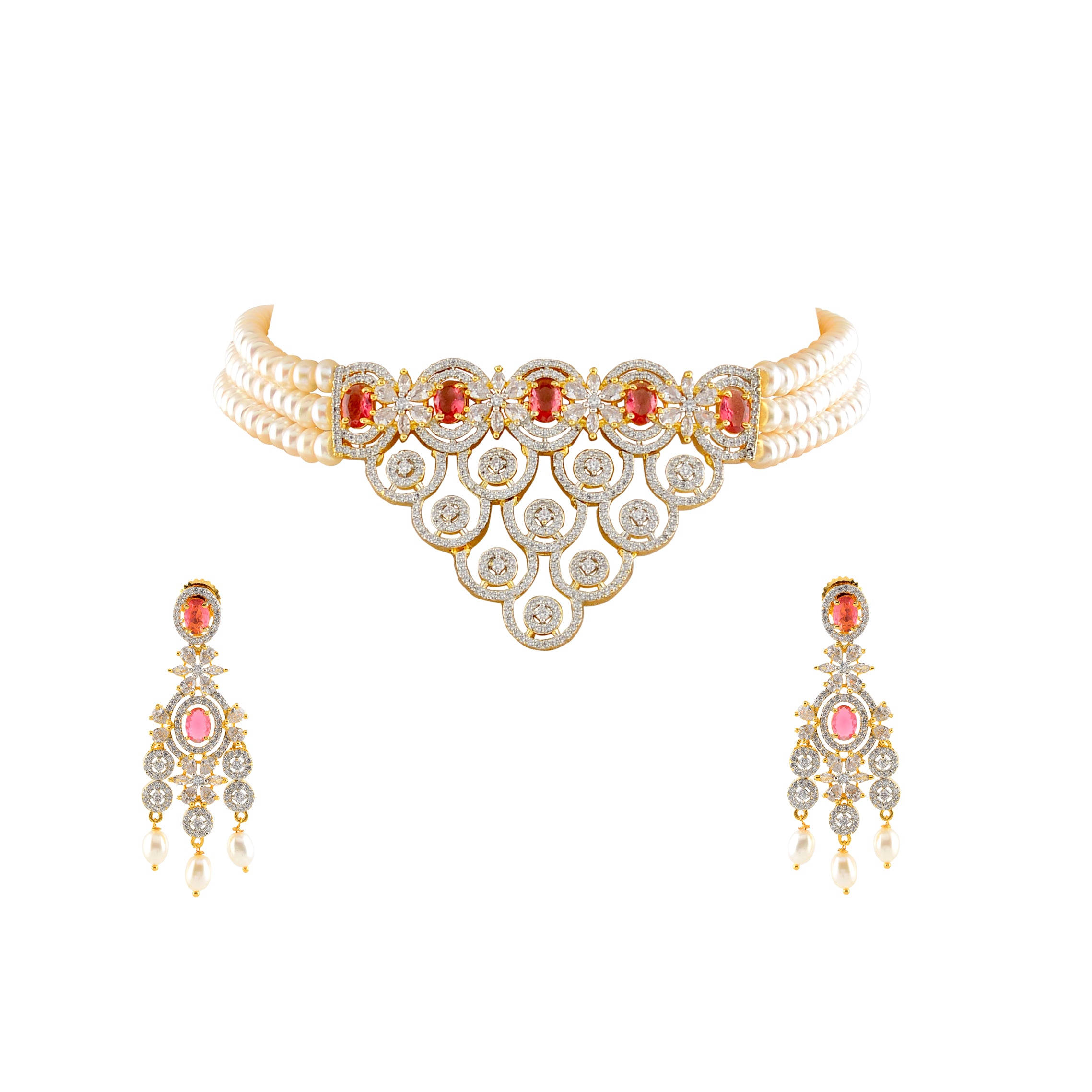 Pearl Choker Set with Red Stones and Freshwater Pearls - Krishna Jewellers Pearls and Gems