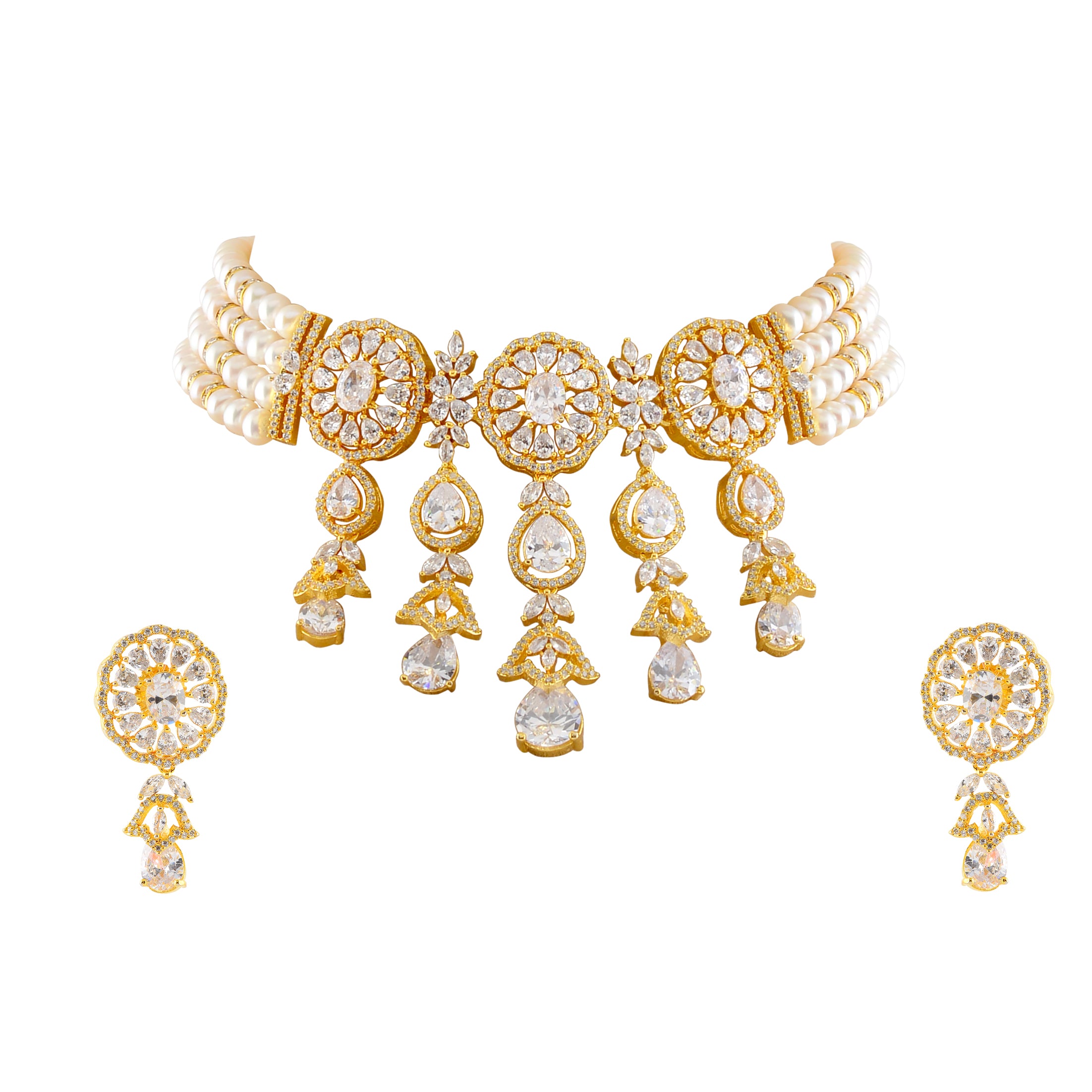 Three Line Button Pearl Choker Necklace Set with white cz stones - Krishna Jewellers Pearls and Gems