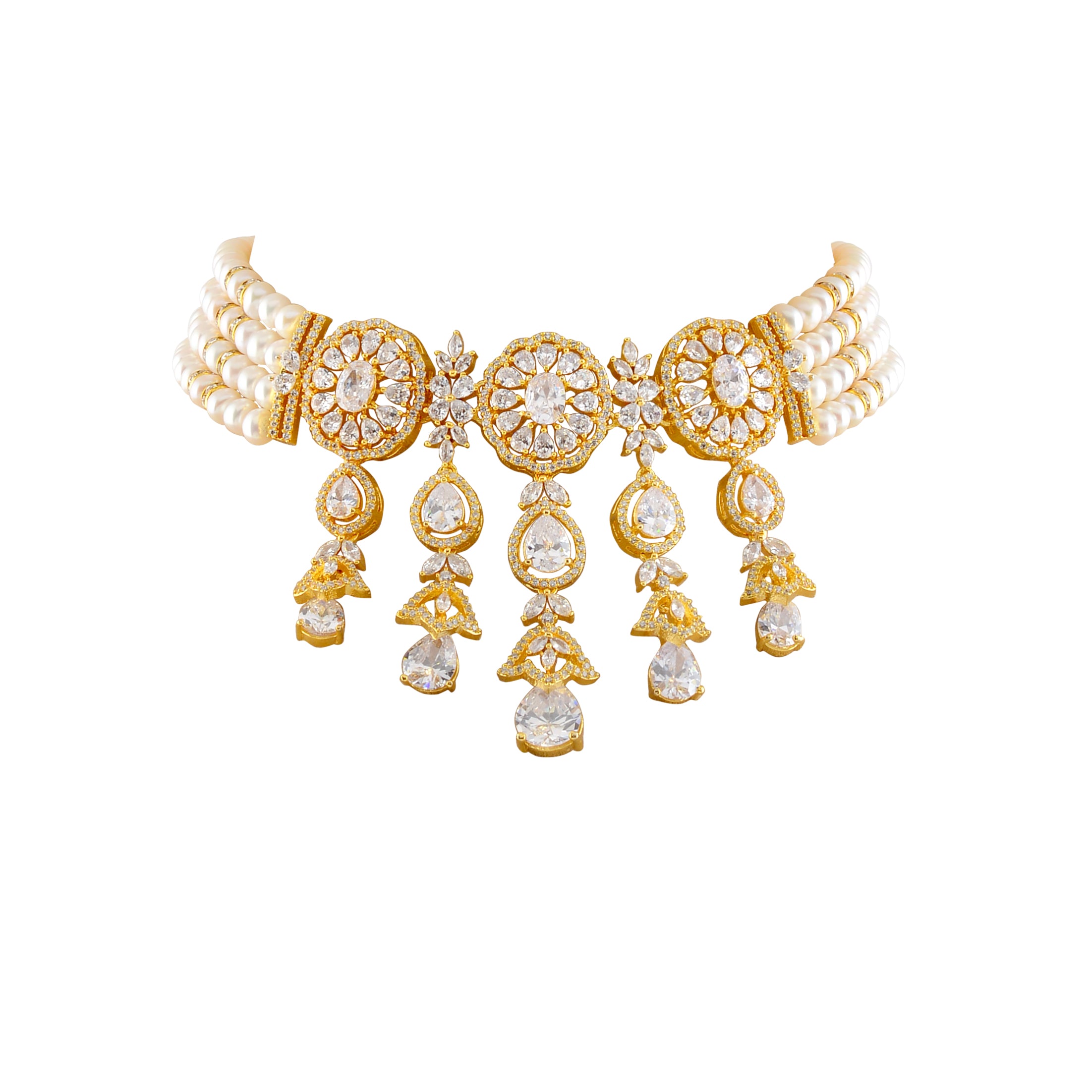 Three Line Button Pearl Choker Necklace Set with white cz stones - Krishna Jewellers Pearls and Gems