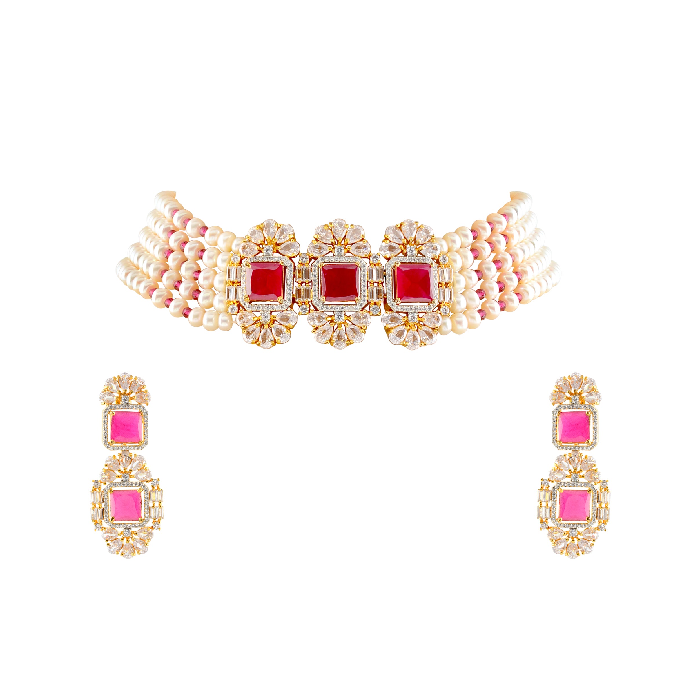 Exquisite button pearl and Pink stone choker set - Krishna Jewellers Pearls and Gems