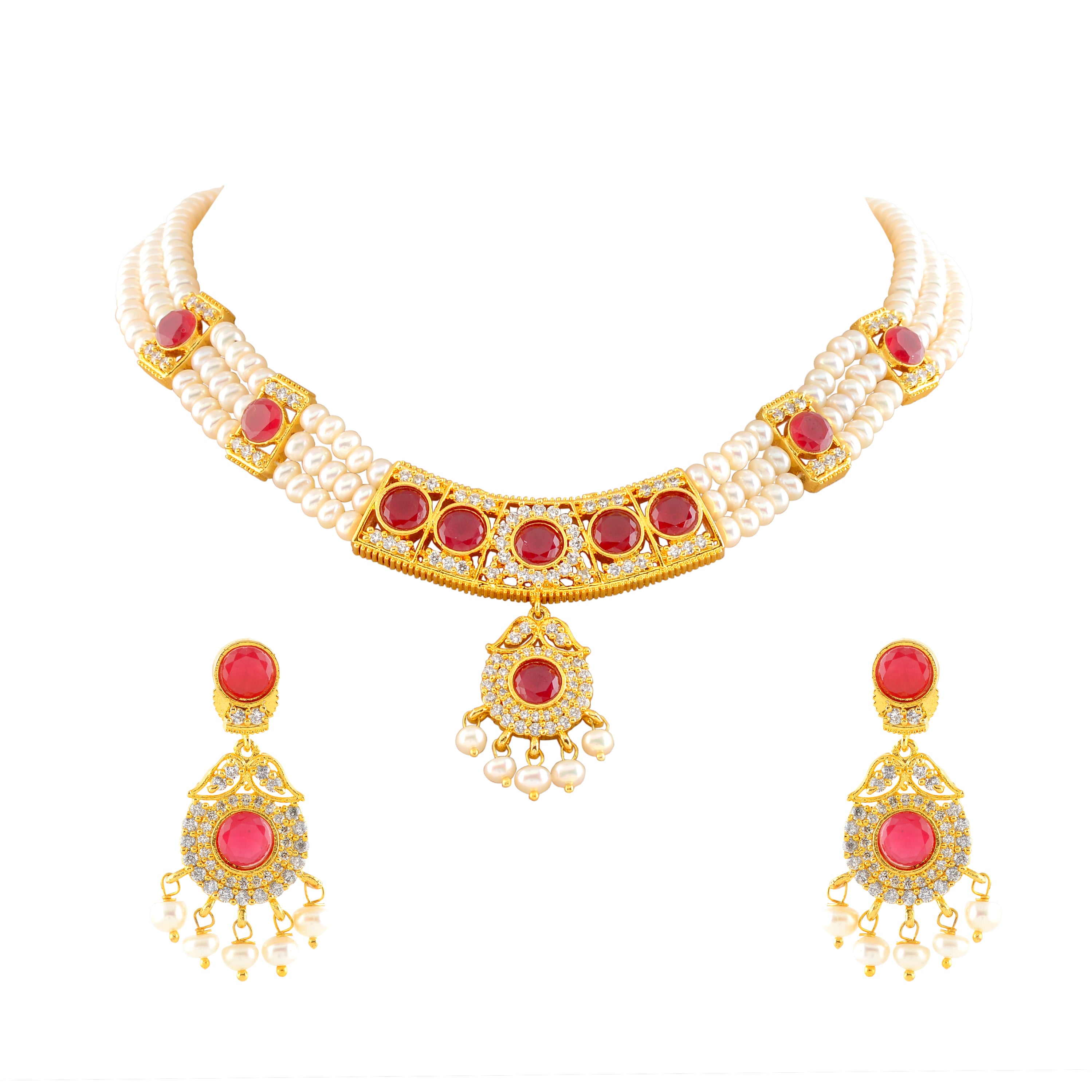 Elegant 3-Layered Necklace Set Adorned with Red Stones - Krishna Jewellers Pearls and Gems