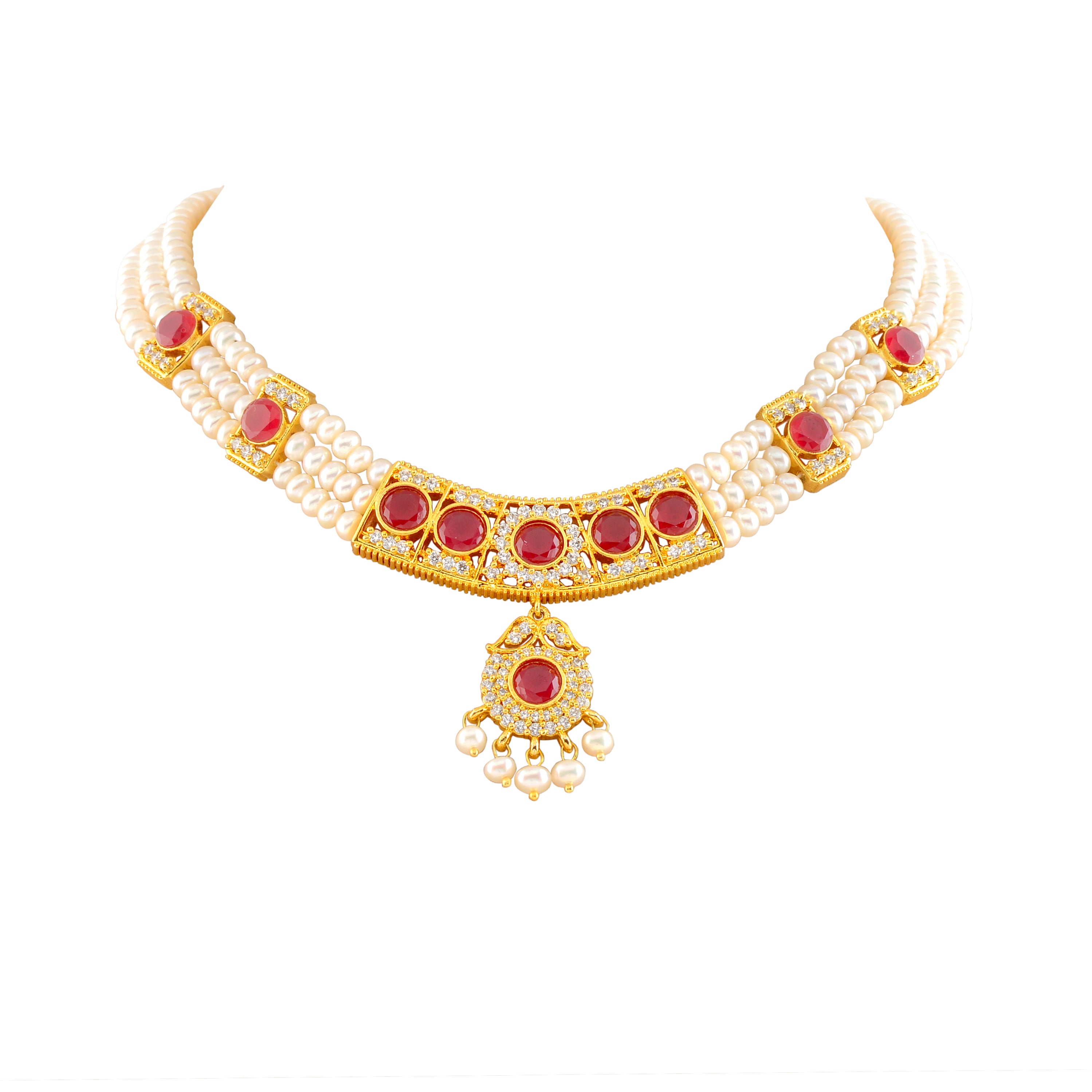 Elegant 3-Layered Necklace Set Adorned with Red Stones - Krishna Jewellers Pearls and Gems