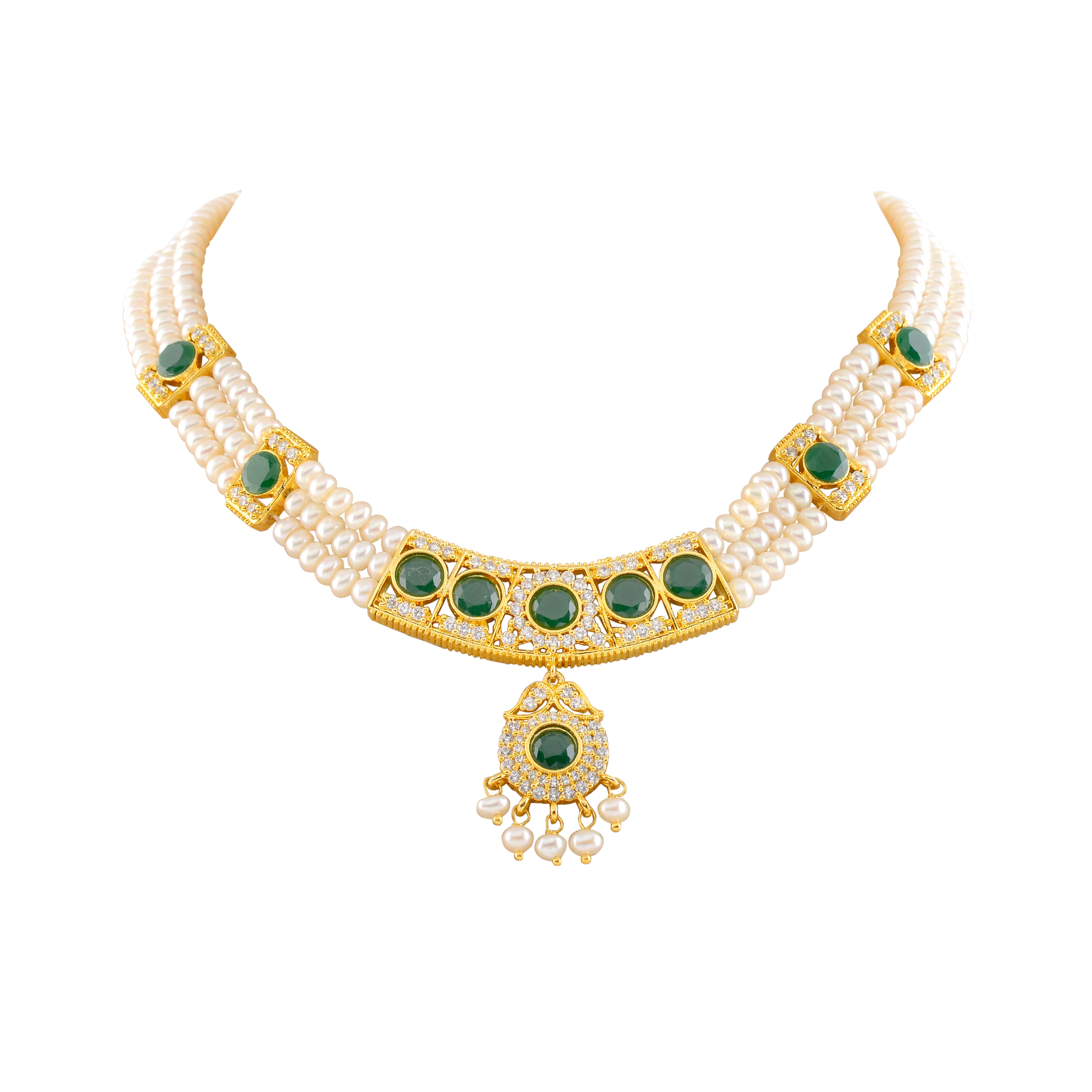 Elegant 3-Layered Pearl Necklace Set Adorned with Green Stones - Krishna Jewellers Pearls and Gems